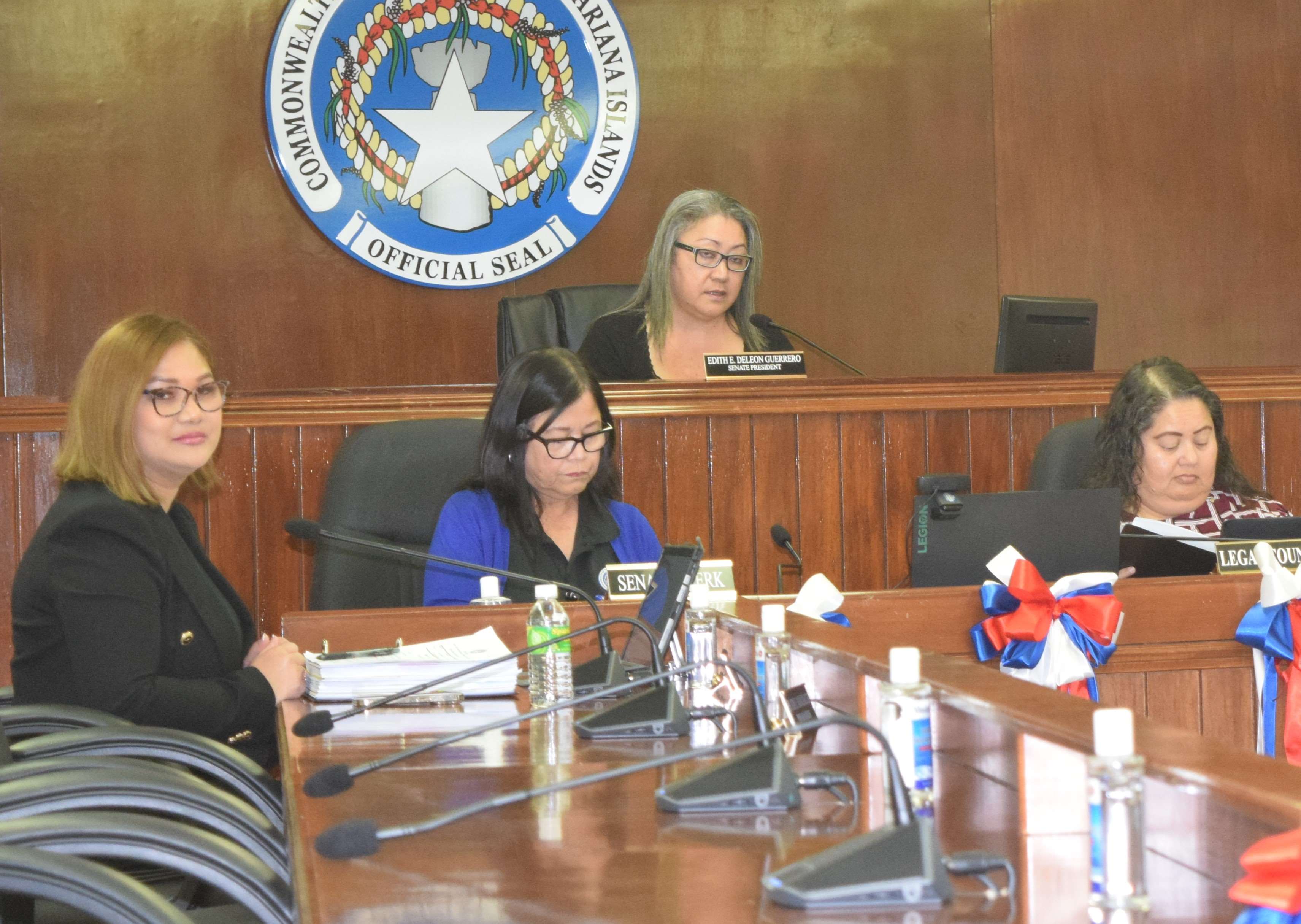 Senate Floor Leader Corina Magofna, left, attends the Senate session on Monday. Also in the photo are Senate President Edith Deleon Guerrero, Senate Clerk Doris Bermudes and Senate Legal Counsel Antonette Villagomez.