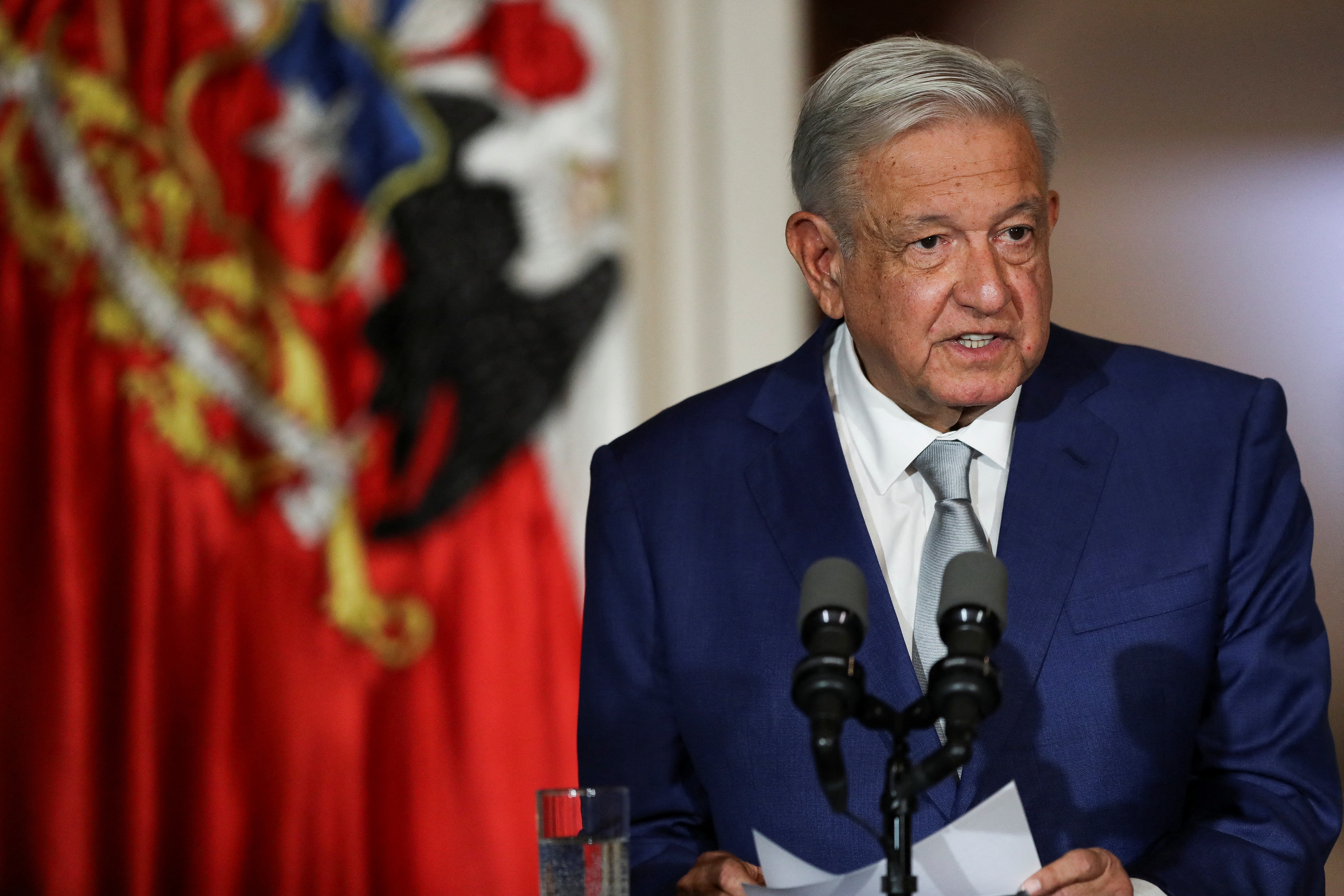 Mexico's President Andres Manuel Lopez Obrador and Chile's President Gabriel Boric (not pictured) deliver a statement to the media at La Moneda government palace in Santiago, Chile, September 10, 2023. 