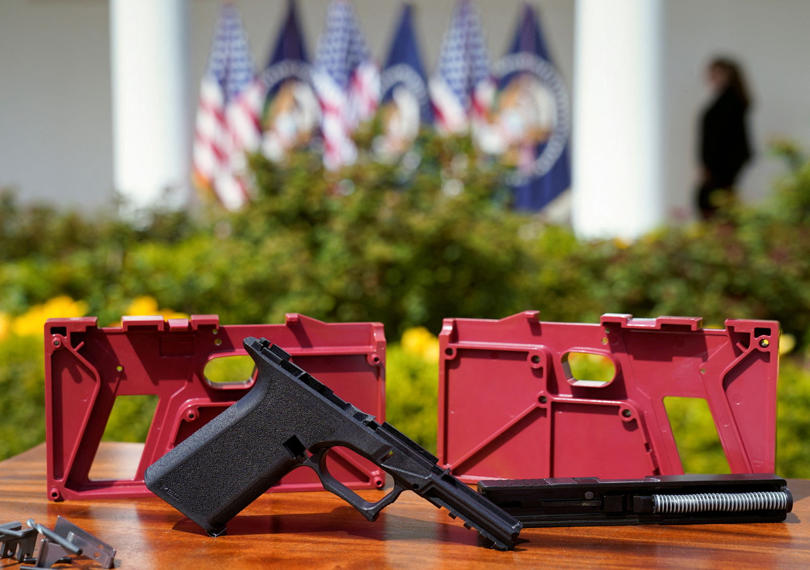 Parts of a ghost gun kit are on display at an event held by U.S. President Joe Biden to announce measures to fight ghost gun crime, at the White House in Washington U.S., April 11, 2022. 