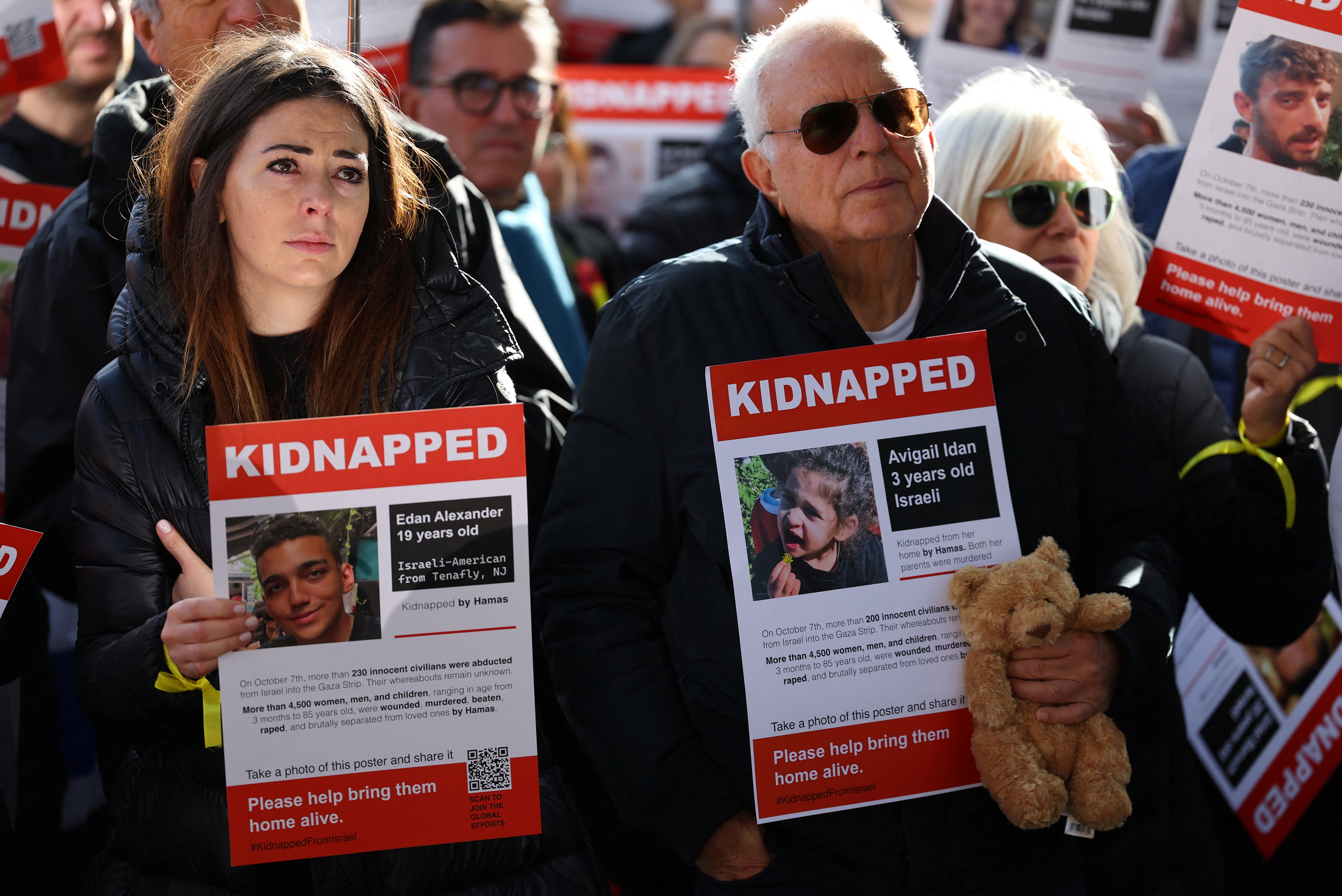 Families and supporters of hostages that are being held in Gaza after they were kidnapped from Israel by Hamas gunmen on October 7, hold a demonstration to demand their immediate release, outside of the Houses of Parliament in London, Britain, November 5, 2023. 