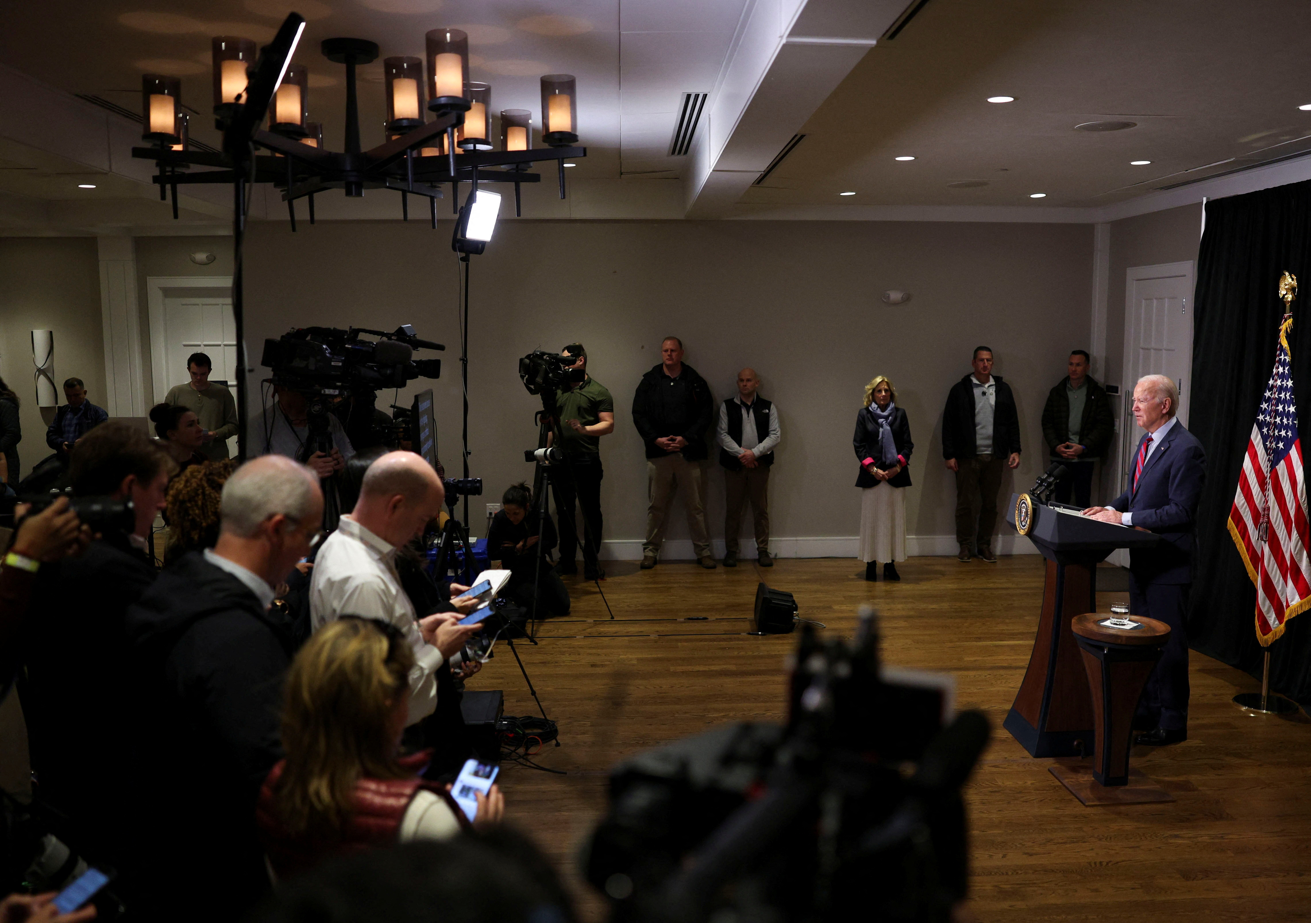 U.S. President Joe Biden delivers remarks following a hostages-prisoners swap deal between Hamas and Israel, during a press conference in Nantucket, Massachusetts, U.S., November 24, 2023. 