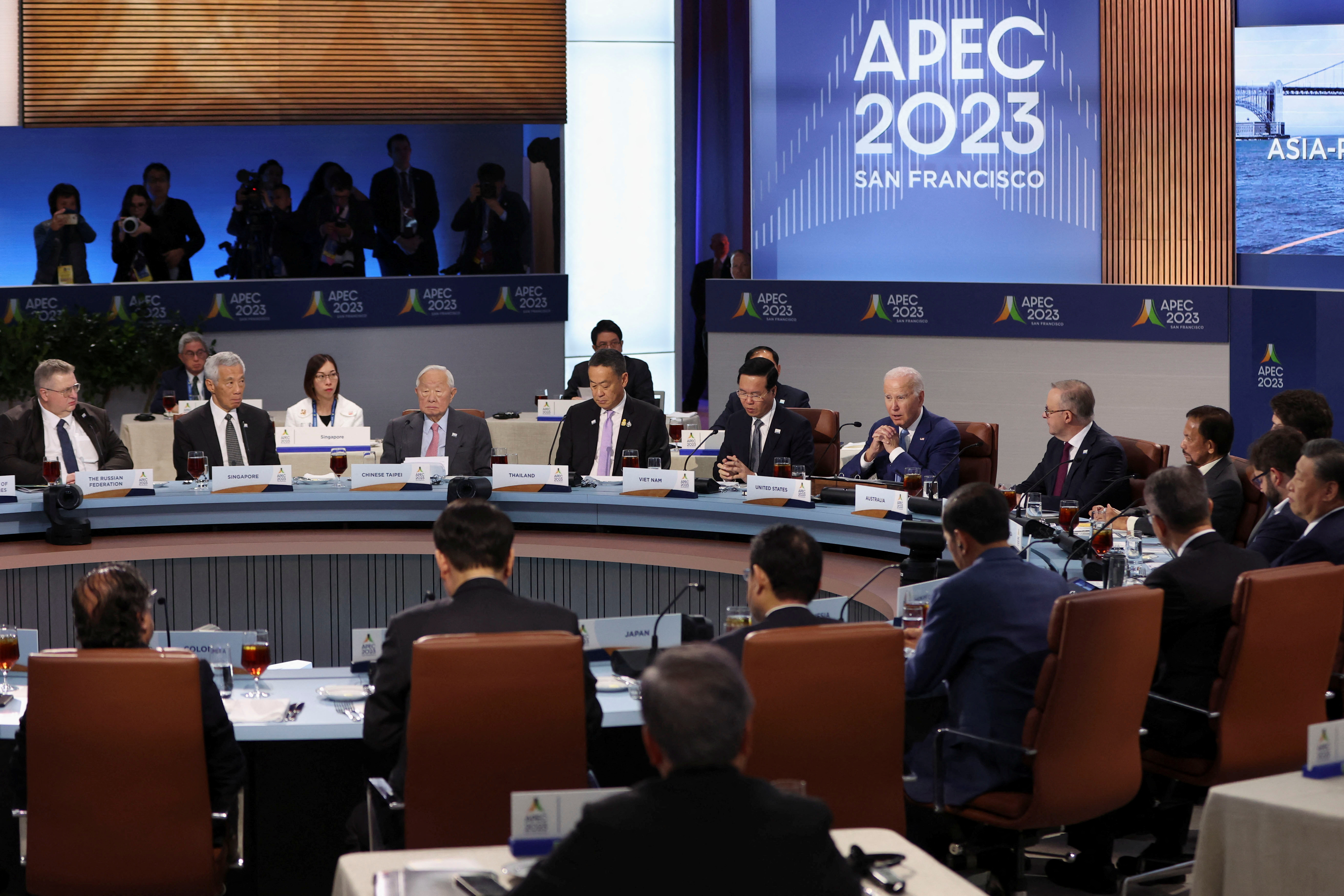 U.S. President Joe Biden addresses leaders at a plenary meeting during Asia-Pacific Economic Cooperation (APEC) CEO Summit in San Francisco, California, U.S. November 16, 2023. 