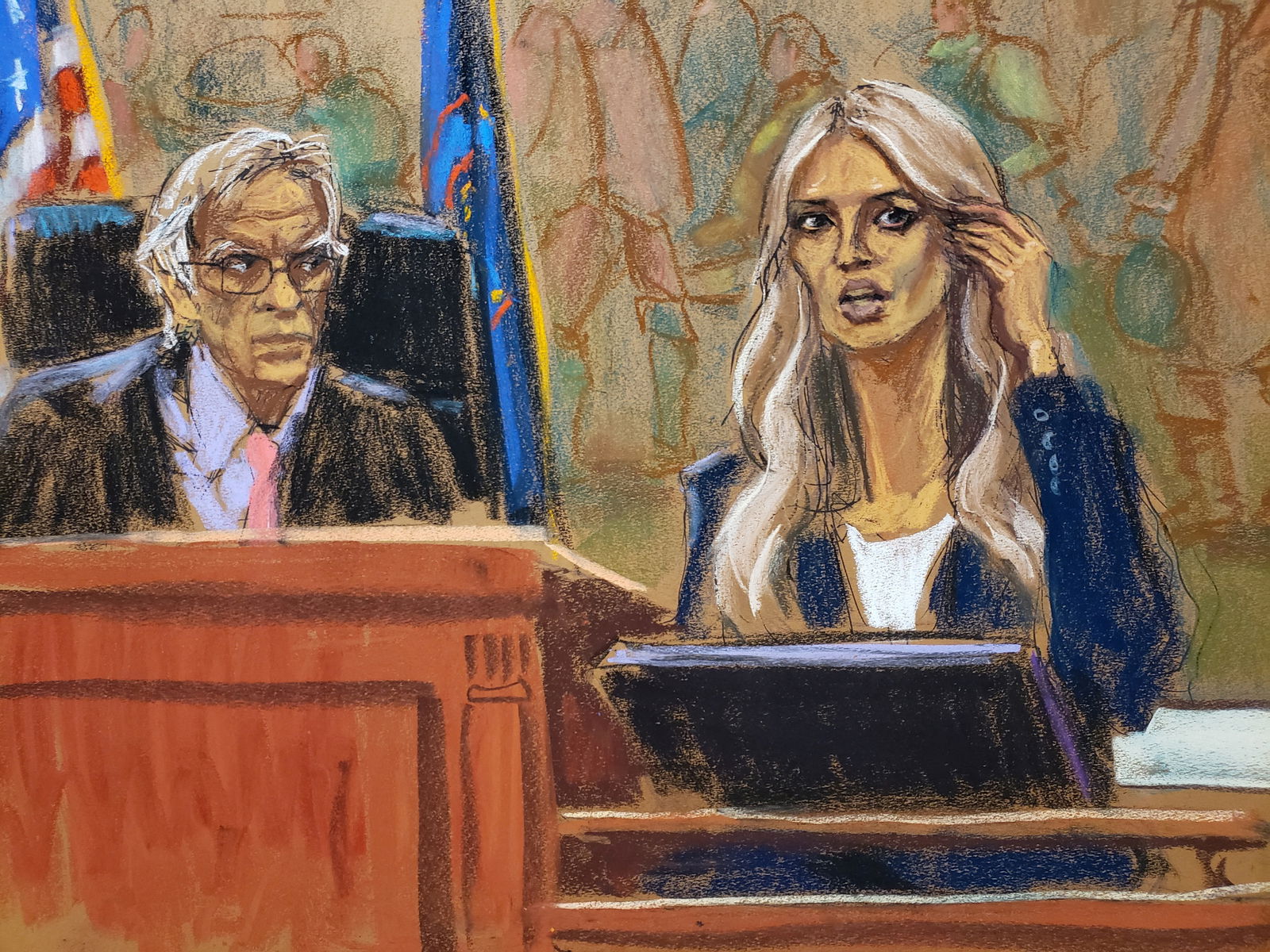 Ivanka Trump speaks on the witness stand during the Trump Organization civil fraud trial before Judge Arthur Engoron in New York State Supreme Court in the Manhattan borough of New York City, U.S., November 8, 2023 in this courtroom sketch. 