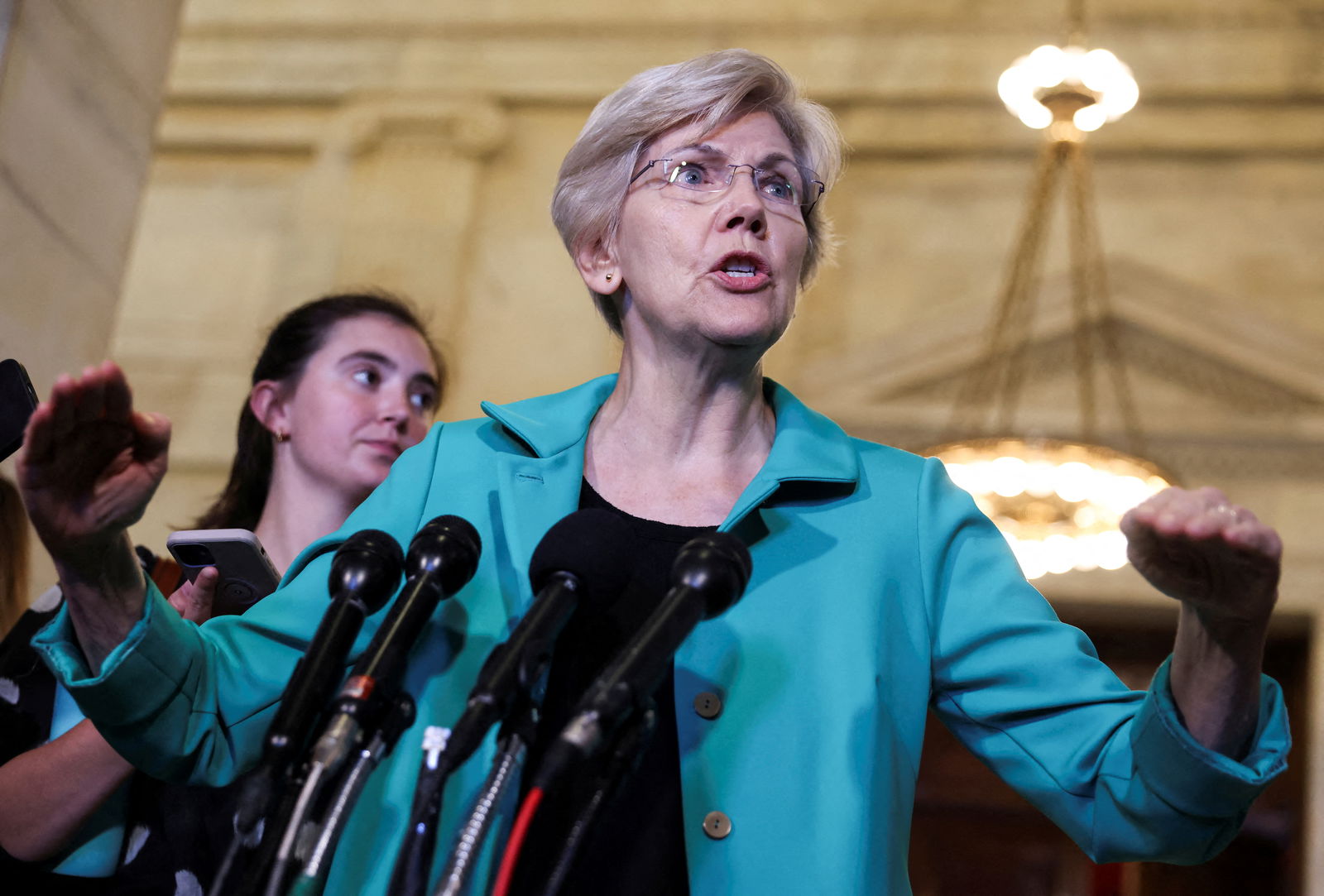 U.S. Senator Elizabeth Warren (D-MA) faces reporters during a break in a bipartisan Artificial Intelligence (AI) Insight Forum for all U.S. senators at the U.S. Capitol in Washington, U.S., September 13, 2023. 