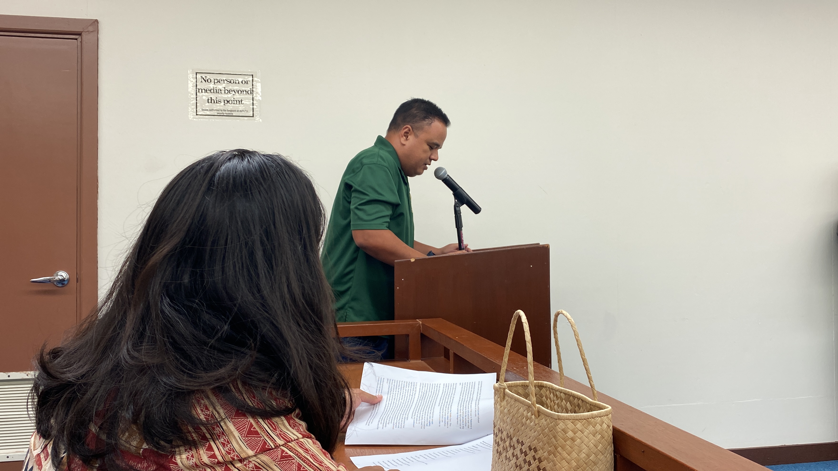 Ray Muna, chairman of the Civil Service Commission, speaks to the members of the Saipan and Northern Islands Legislative Delegation on Wednesday.