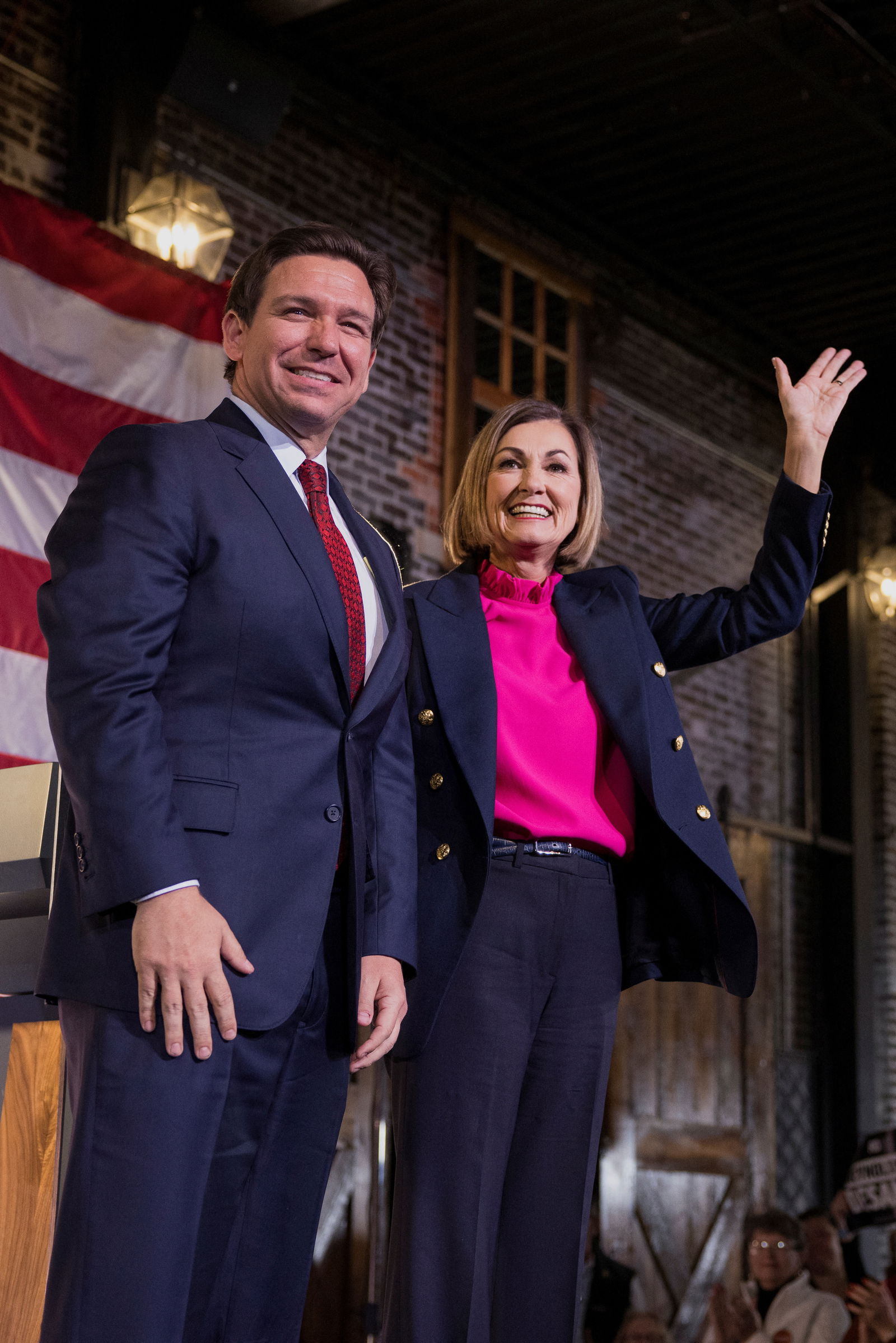 Florida Governor and U.S. Presidential candidate Ron DeSantis and Iowa Governor Kim Reynolds stand together as Reynolds endorses DeSantis's bid to be the Republican nominee in the 2024 presidential race at a rally, in Des Moines, Iowa, U.S. November 6, 2023. 