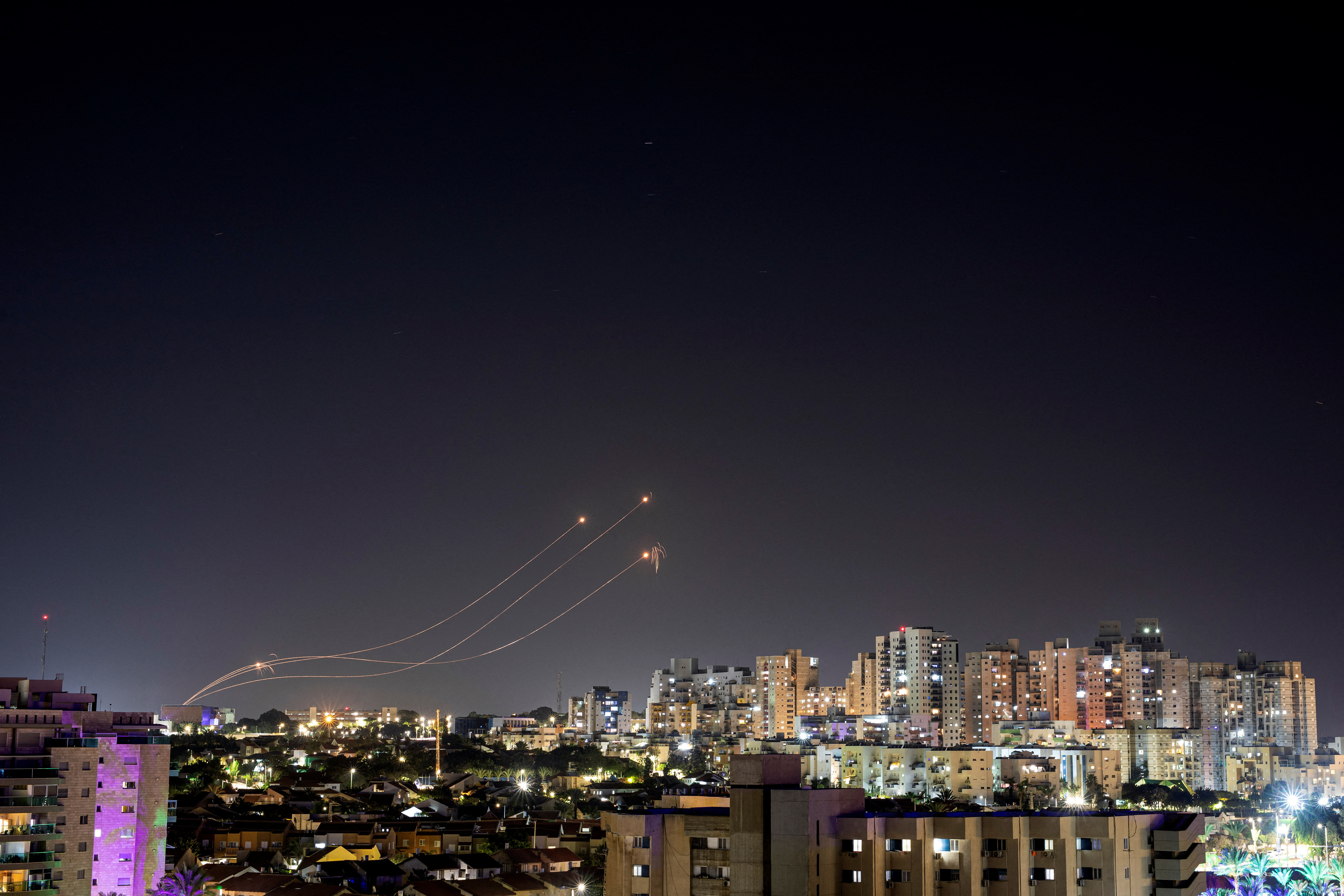 Israel's Iron Dome anti-missile system intercepts a rocket launched from the Gaza Strip, amid the ongoing conflict between Israel and the Palestinian Islamist group Hamas, as seen from Ashkelon, in southern Israel, November 4, 2023. 