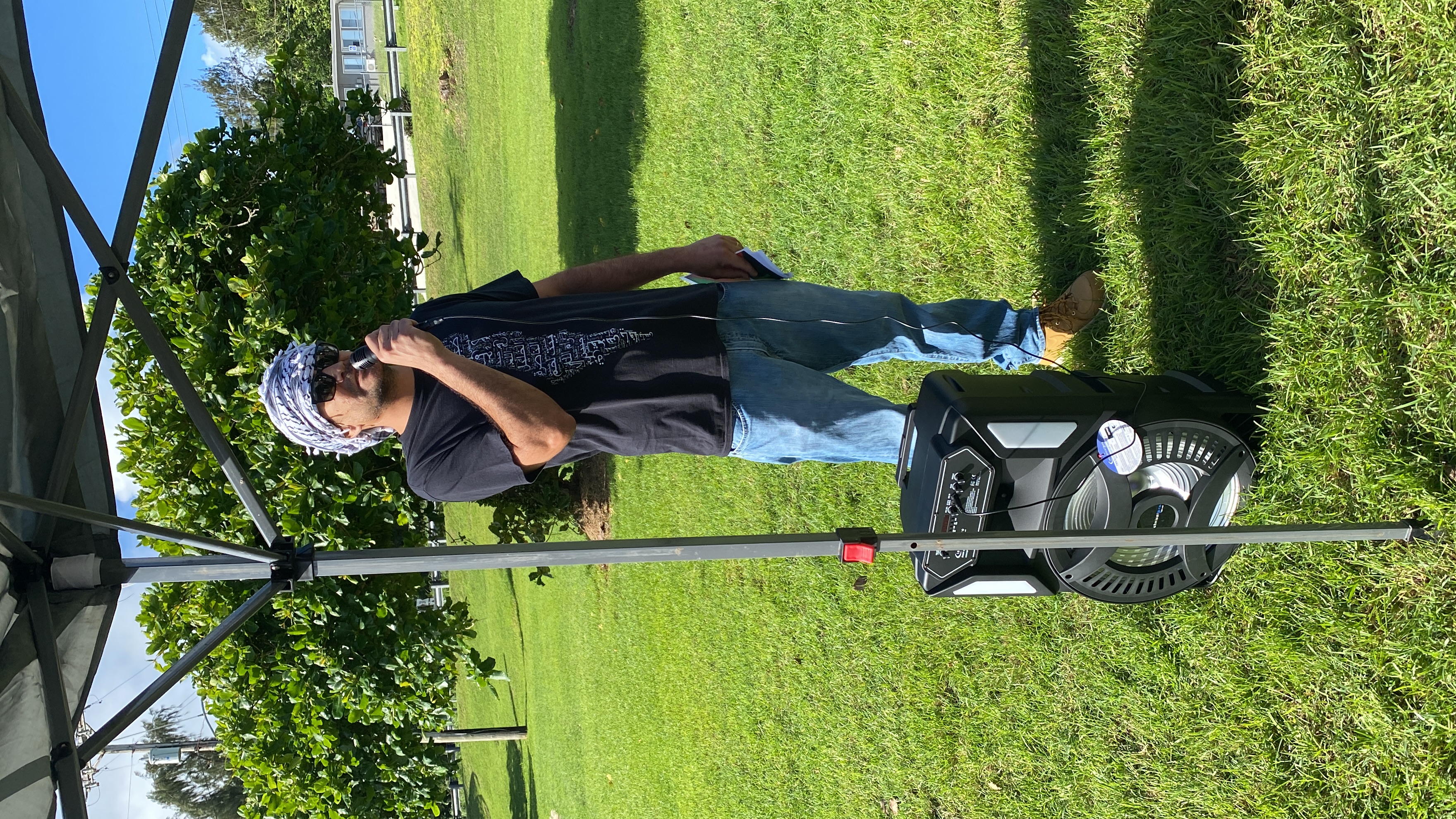 Marianas For Palestine organizer Salam Younis speaks during their peaceful protest on Capital Hill, Wednesday.