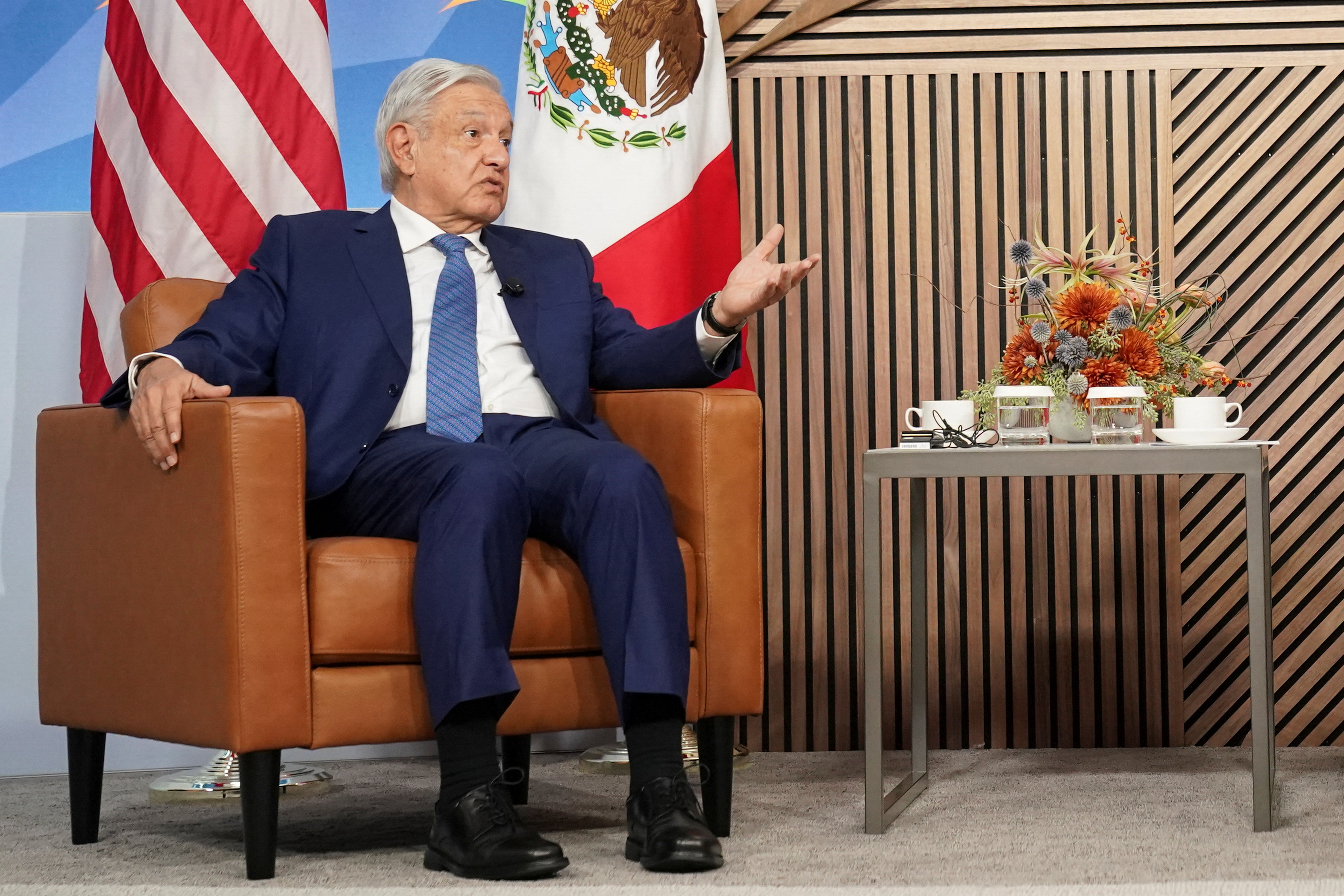 Mexican President Andres Manuel Lopez Obrador gestures, during his meeting with U.S. President Joe Biden (not pictured), on the sidelines of the Asia-Pacific Economic Cooperation (APEC) summit in San Francisco, California, U.S. November 17, 2023. 