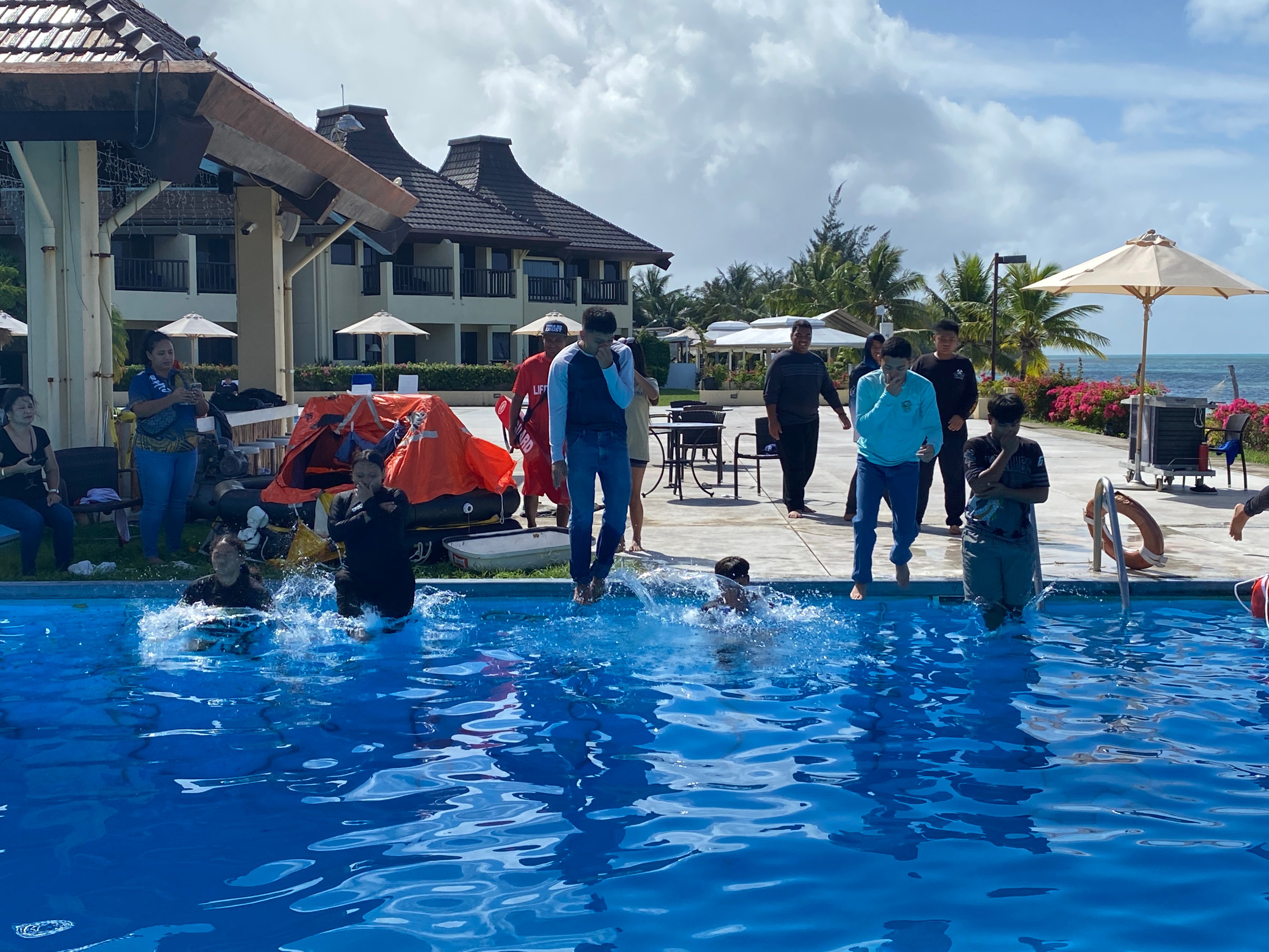 The trainees must tread water for one minute while fully clothed.