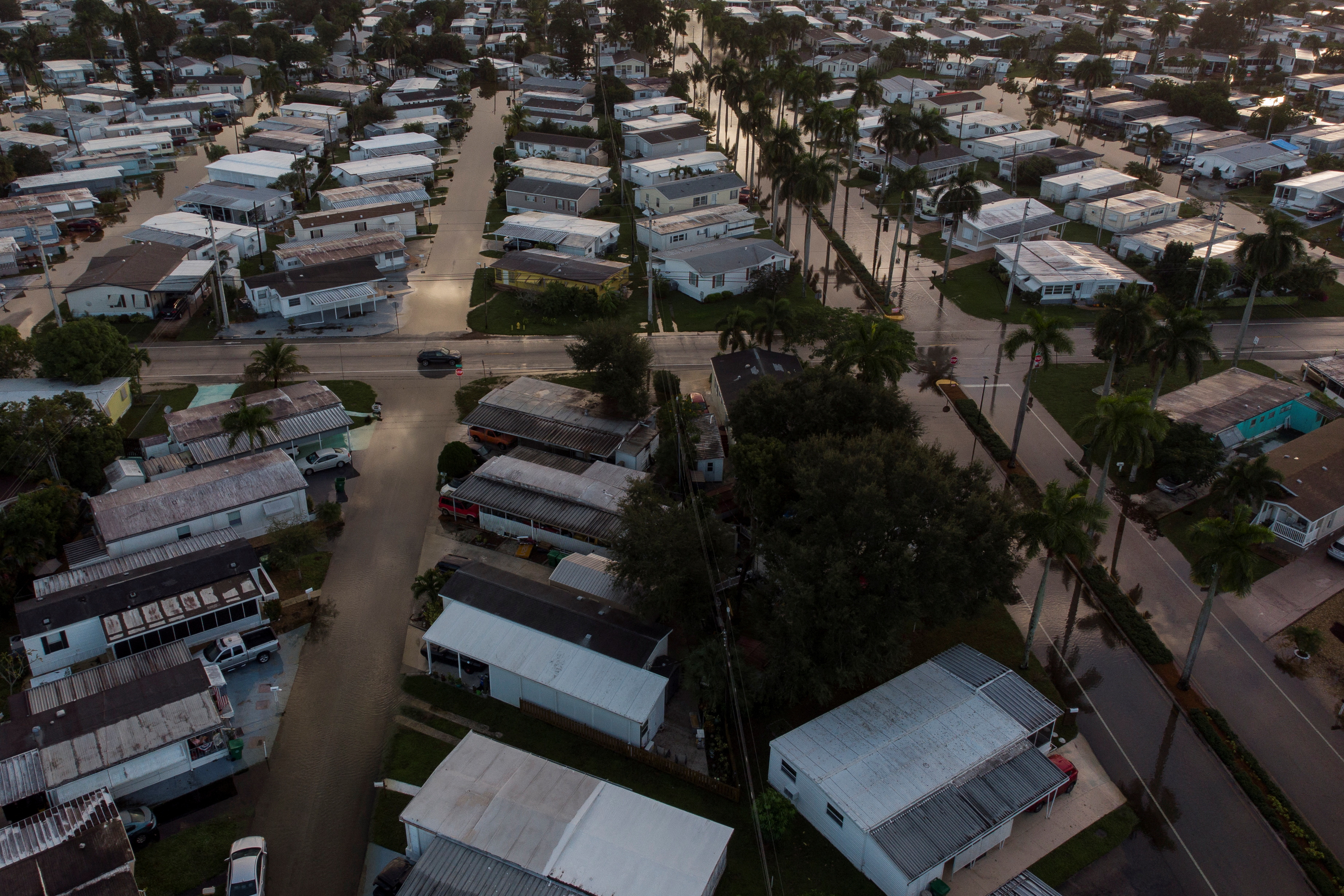 A general view of flooded streets in a trailer park community in Davie, Florida, U.S., November 16, 2023. 