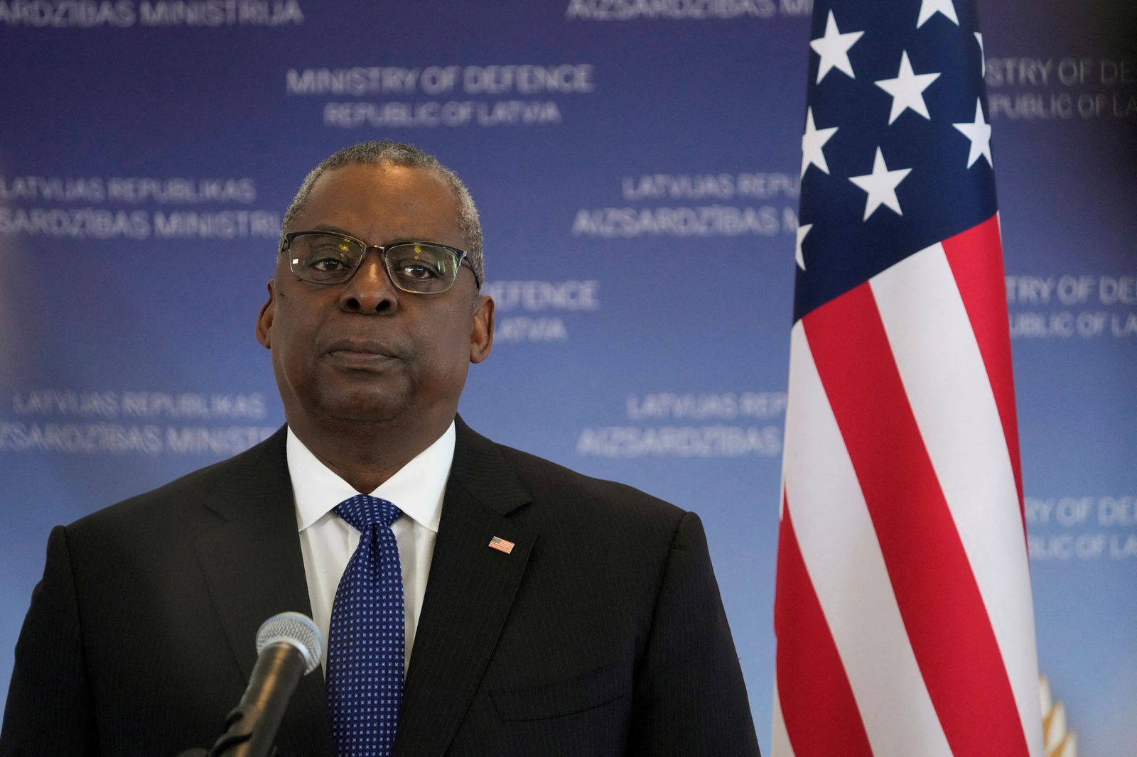 U.S. Defense Secretary Lloyd Austin at a news conference in Riga, Latvia on August 10, 2022. 