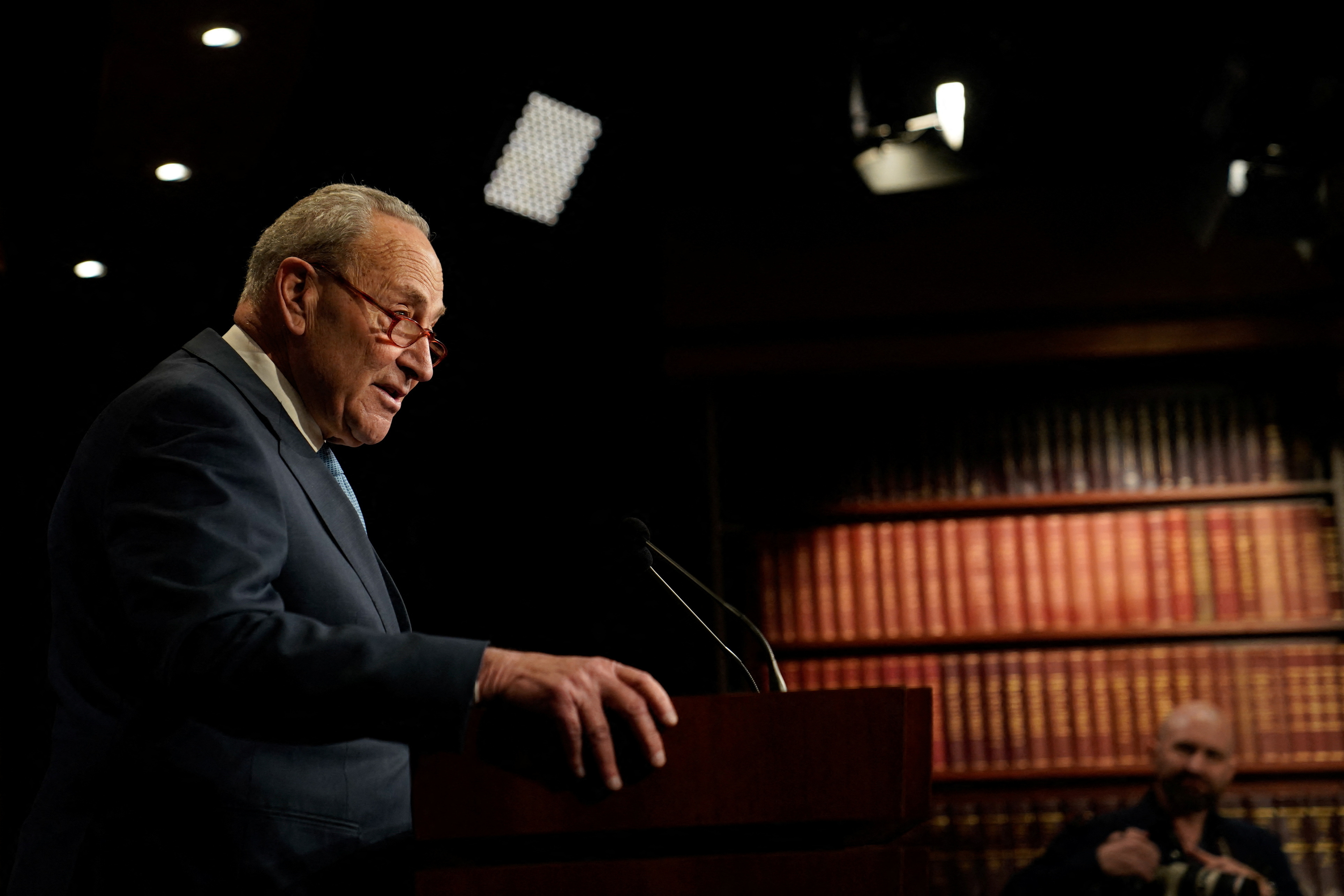 U.S. Senate Majority Leader Chuck Schumer (D-NY) speaks during a press conference on Capitol Hill in Washington, U.S., November 14, 2023. 