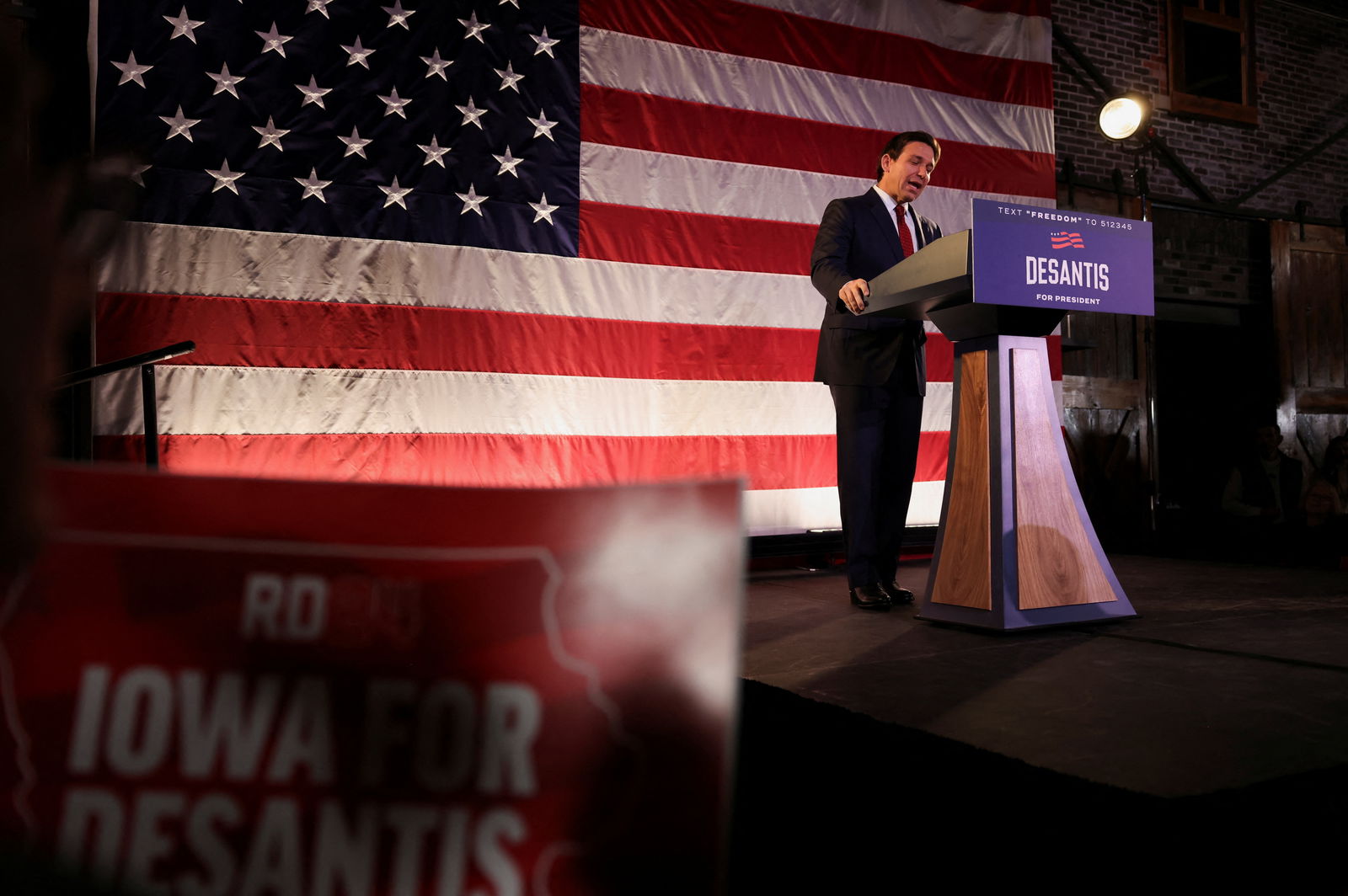 Florida Governor and U.S. Presidential candidate Ron DeSantis speaks during a rally, as Iowa Governor Kim Reynolds (not pictured) endorses DeSantis's bid to be the Republican nominee in the 2024 presidential race, in Des Moines, Iowa, U.S. November 6, 2023. 