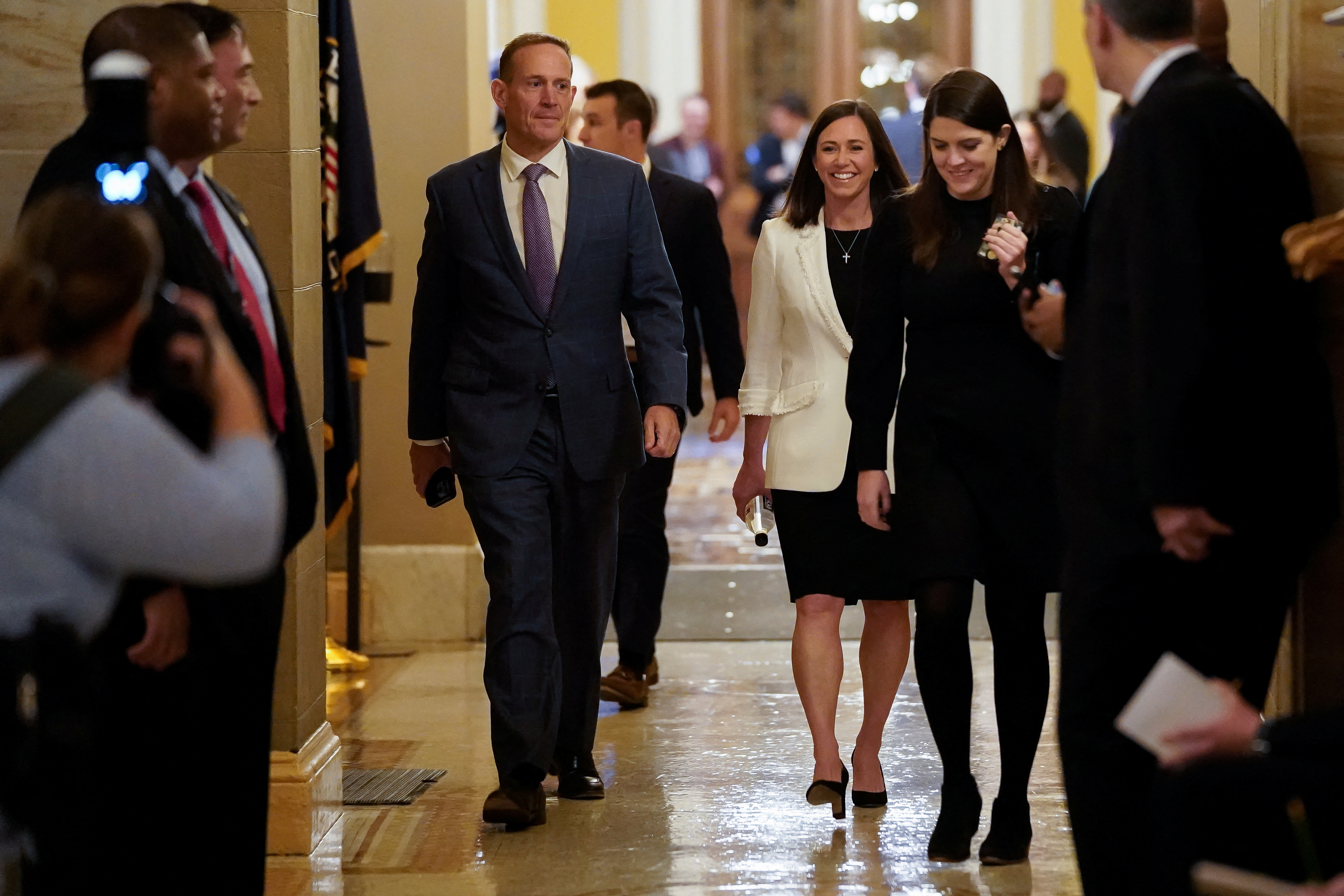 U.S. Senators-elect Ted Budd (R-NC) and Katie Britt (R-AL) arrive as Senate Republicans meet for leadership elections at the U.S. Capitol in Washington, U.S., November 16, 2022. 