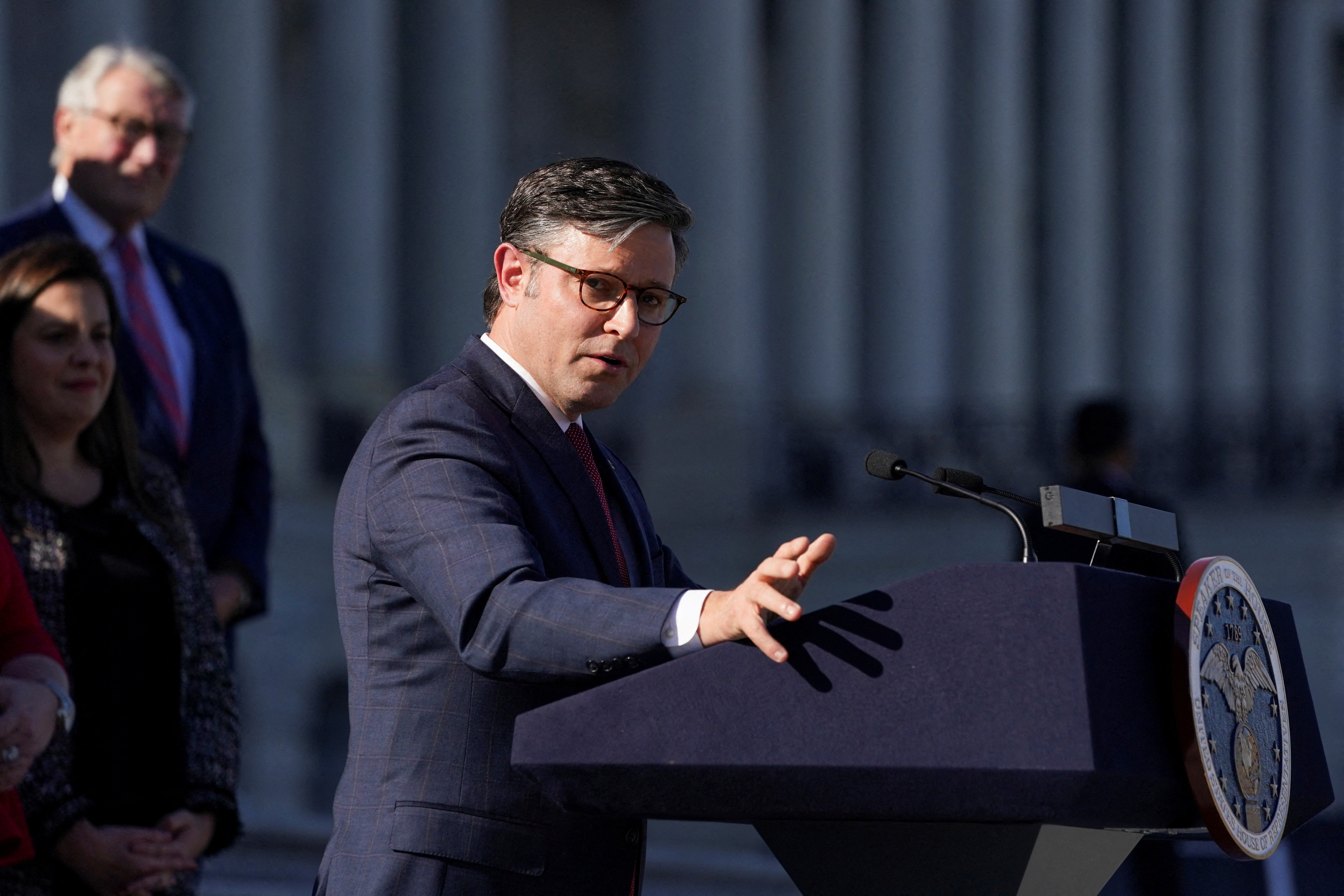 Newly elected Speaker of the House Mike Johnson (R-LA) delivers remarks on the outer steps of the House of Representatives after he was elected to be the new Speaker at the U.S. Capitol in Washington, U.S., October 25, 2023. 