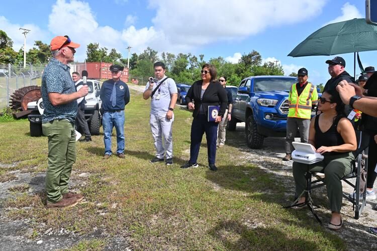Gershman, Brickner & Bratton Inc. receiver representative Chris Lund, left, explains to U.S. District Court of Guam Chief Judge Frances Tydingco-Gatewood, center, how they will tour the facility during a site visit of the Ordot dump on Thursday, Nov. 9, 2023, in Ordot. 