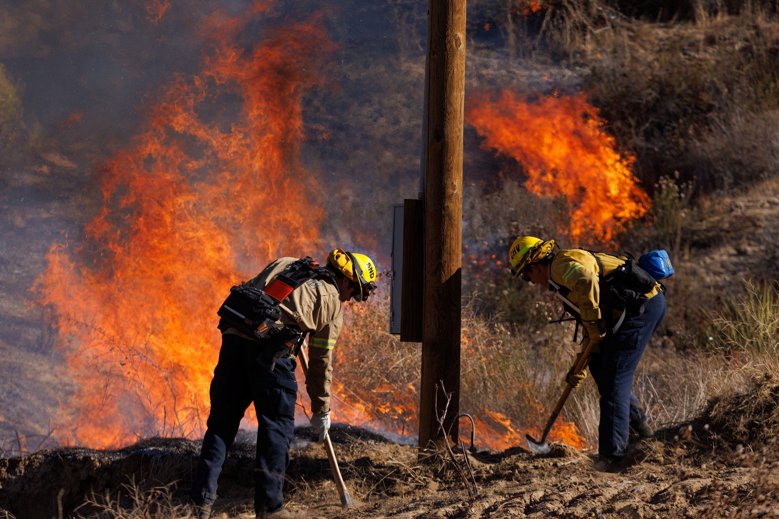 Firefighters protect a utility pole as they battle the Highland Fire, a wind-driven wildfire near Aguanga, California, U.S.,October 31, 2023. 