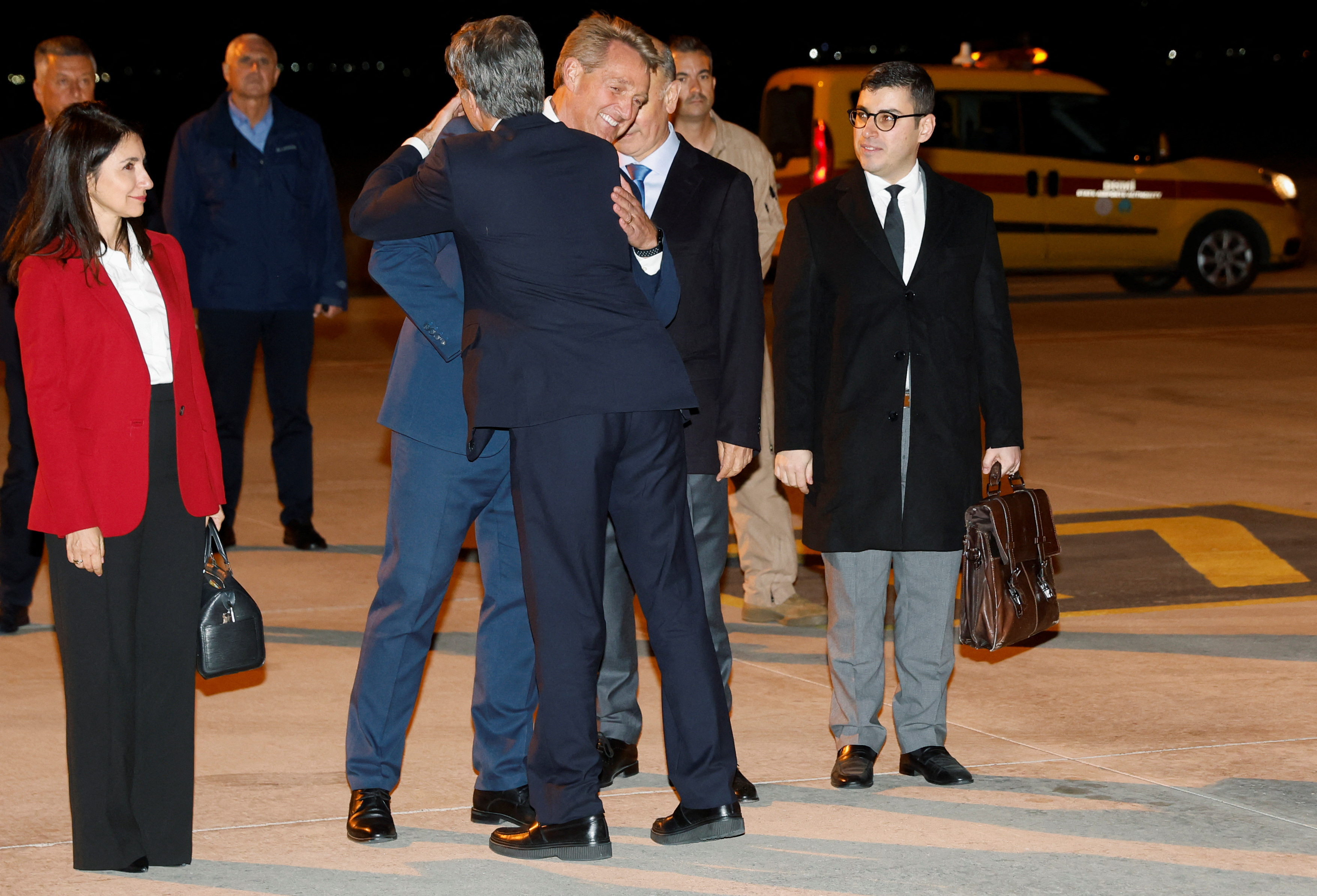 U.S. Secretary of State Antony Blinken is greeted by U.S. Ambassador to Turkey Jeff Flake upon his arrival at Ankara Esenboga Airport, amid the ongoing conflict between Israel and the Palestinian Islamist group Hamas, in Ankara, Turkey November 6, 2023. 