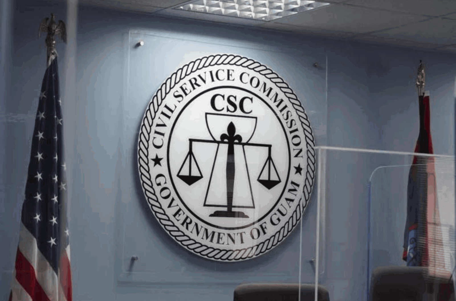 The seal of the Civil Service Commission is seen recently at the CSC office in Hagåtña. 