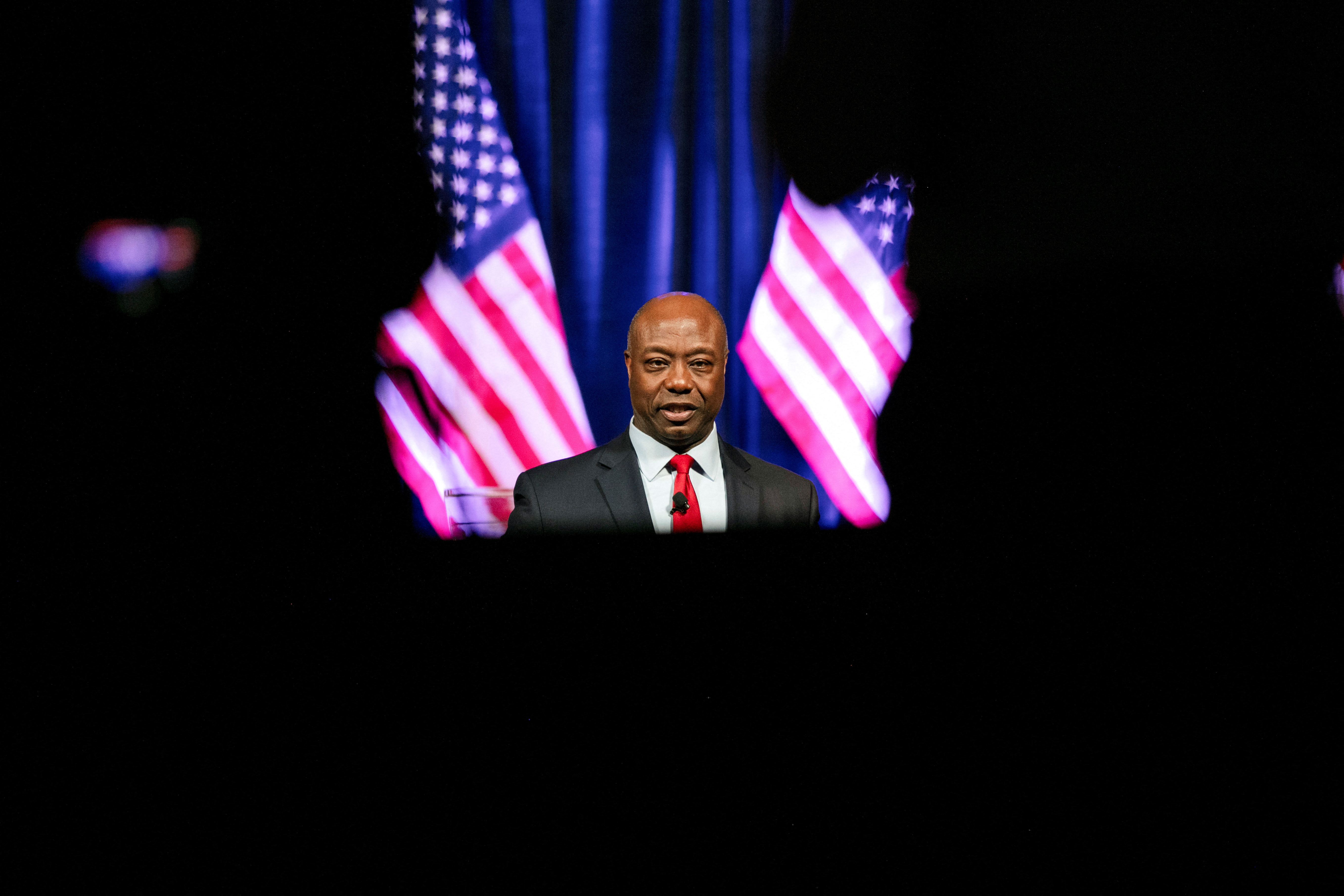 Republican presidential candidate U.S. Senator Tim Scott (R-SC) delivers a speech at New Beginnings Church in Chicago, Illinois, U.S., October 23, 2023. 