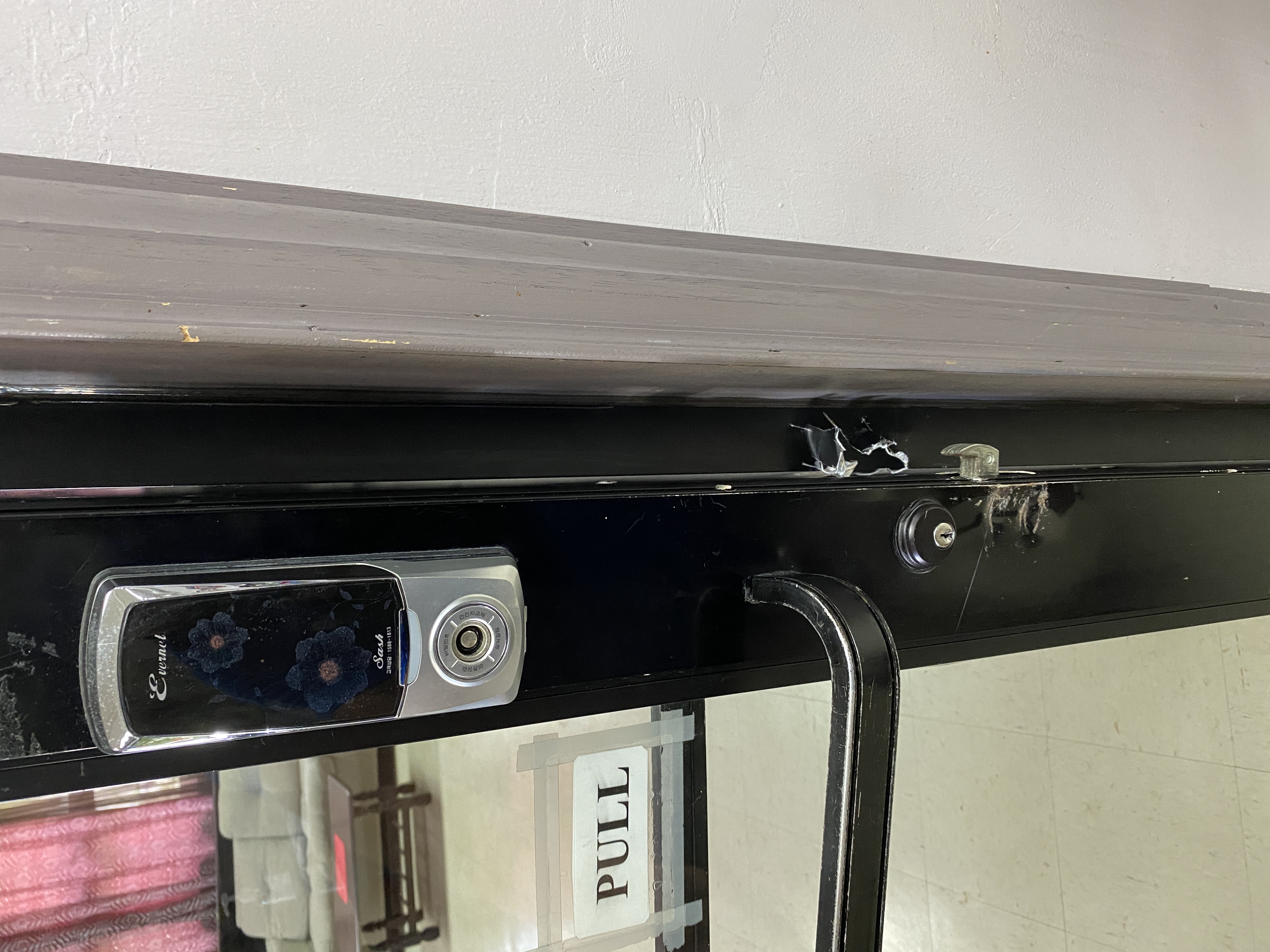 One of the doors to an office in the Center on Aging was damaged by burglars. 