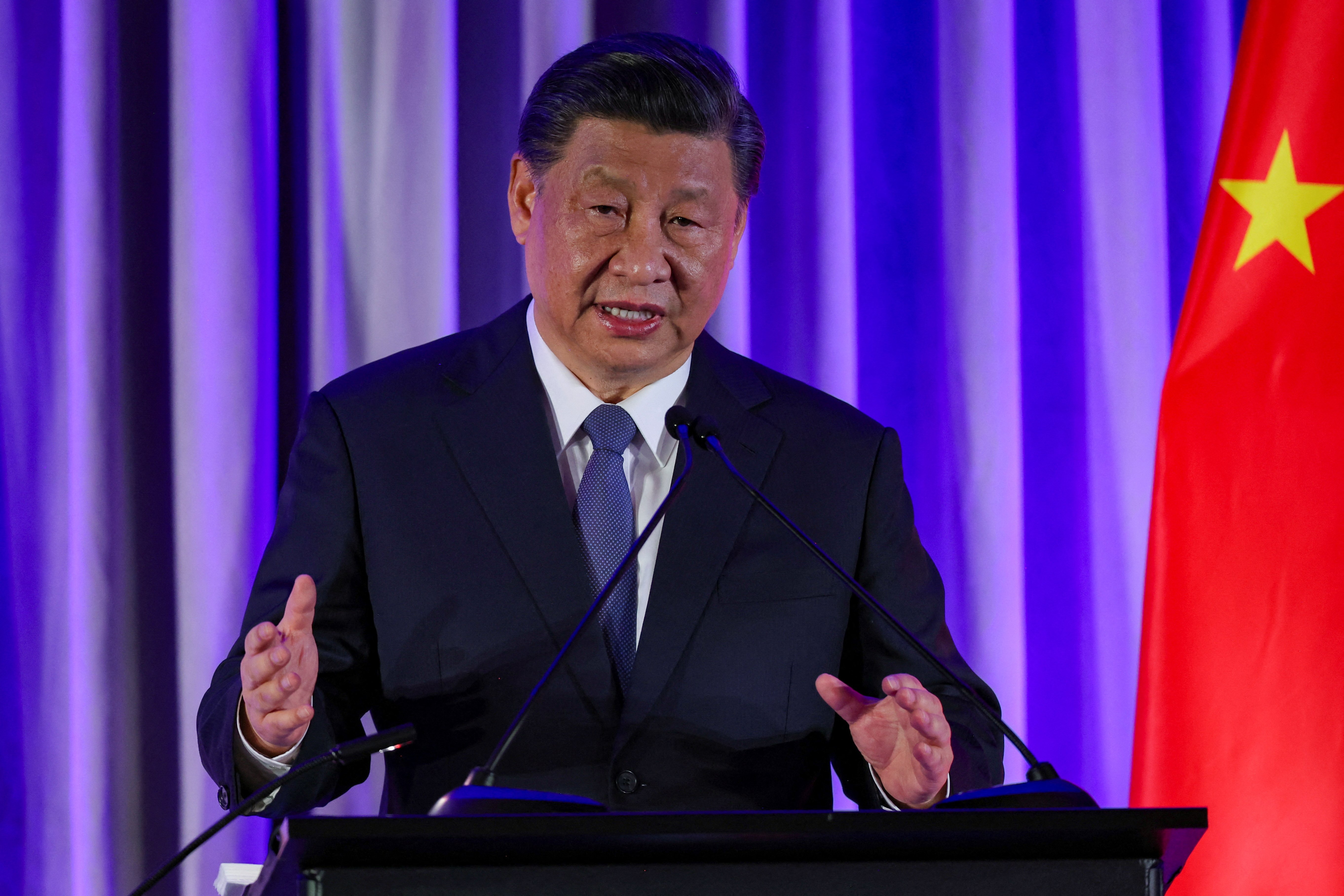 China's President Xi Jinping speaks at the "Senior Chinese Leader Event" held by the National Committee on US-China Relations and the US-China Business Council on the sidelines of the Asia-Pacific Economic Cooperation (APEC) summit in San Francisco, California, U.S., November 15, 2023. 