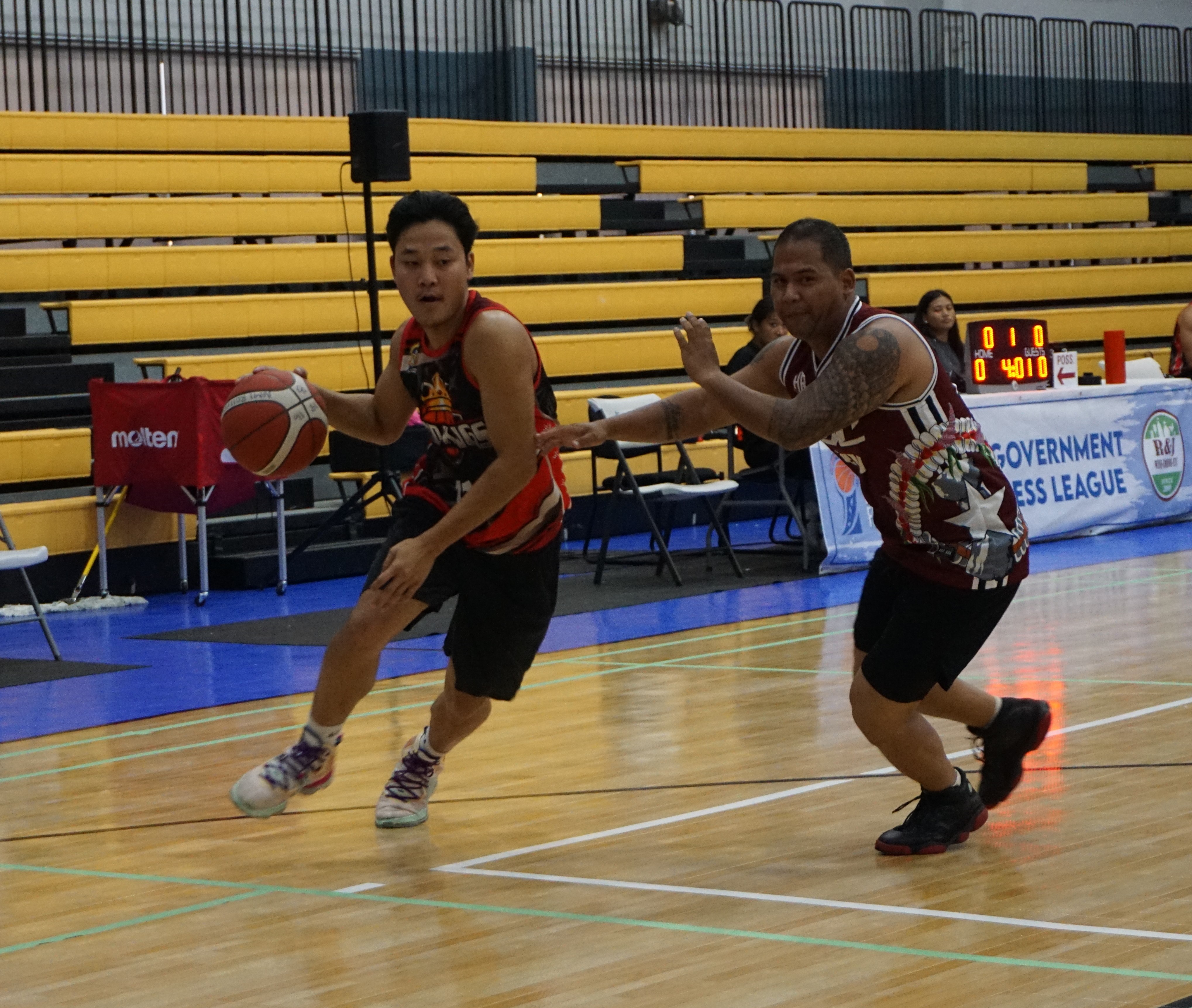 Marpac's Coby Santos drives past a defender during a game of the 2023 R&J Wine and Liquor Inter-Government/Business League at the  Ada gym.