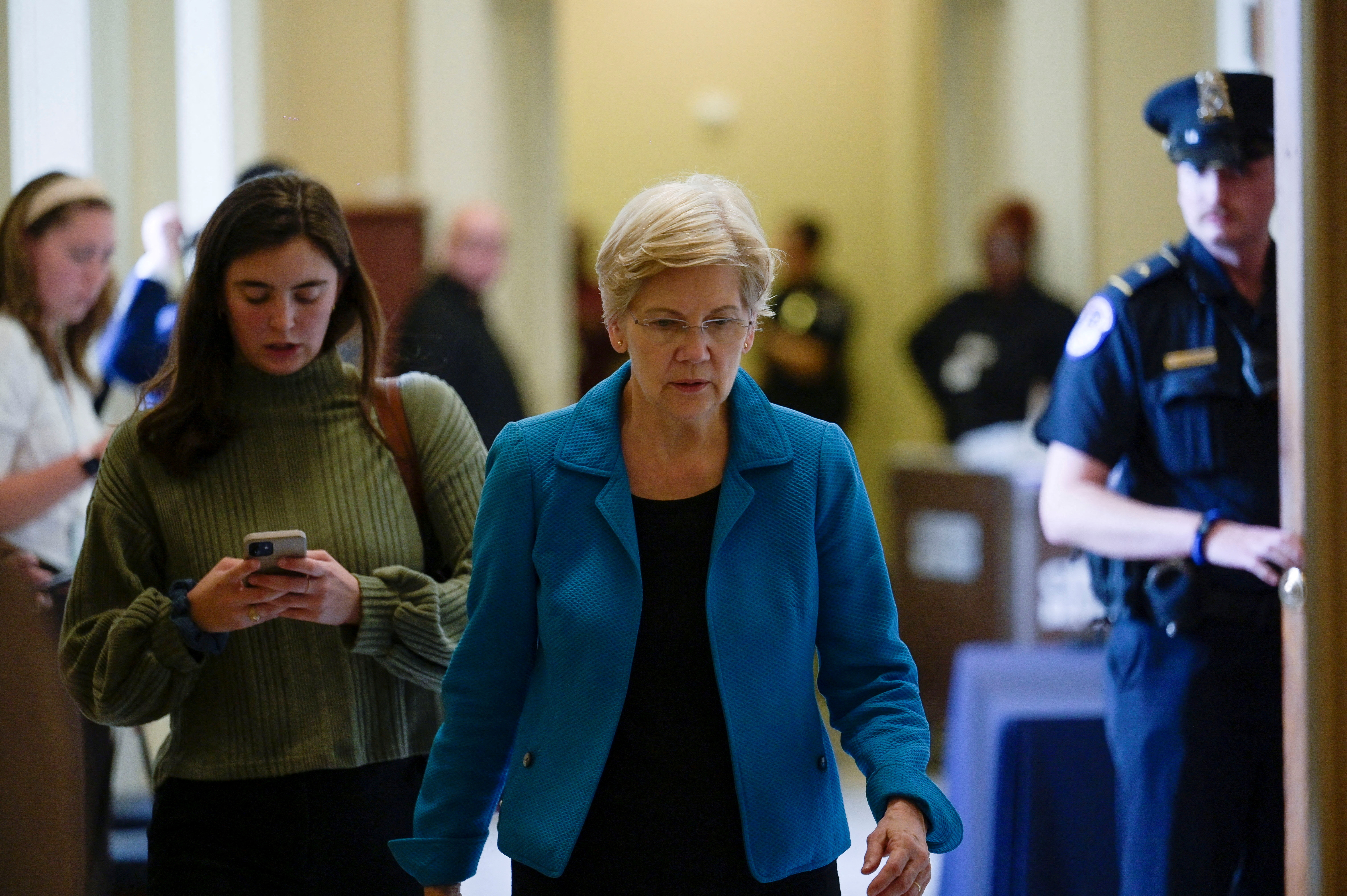 U.S. Senator Elizabeth Warren (D-MA) walks following a Senate Democratic caucus meeting on Capitol Hill?in Washington, U.S., September 28, 2023. 