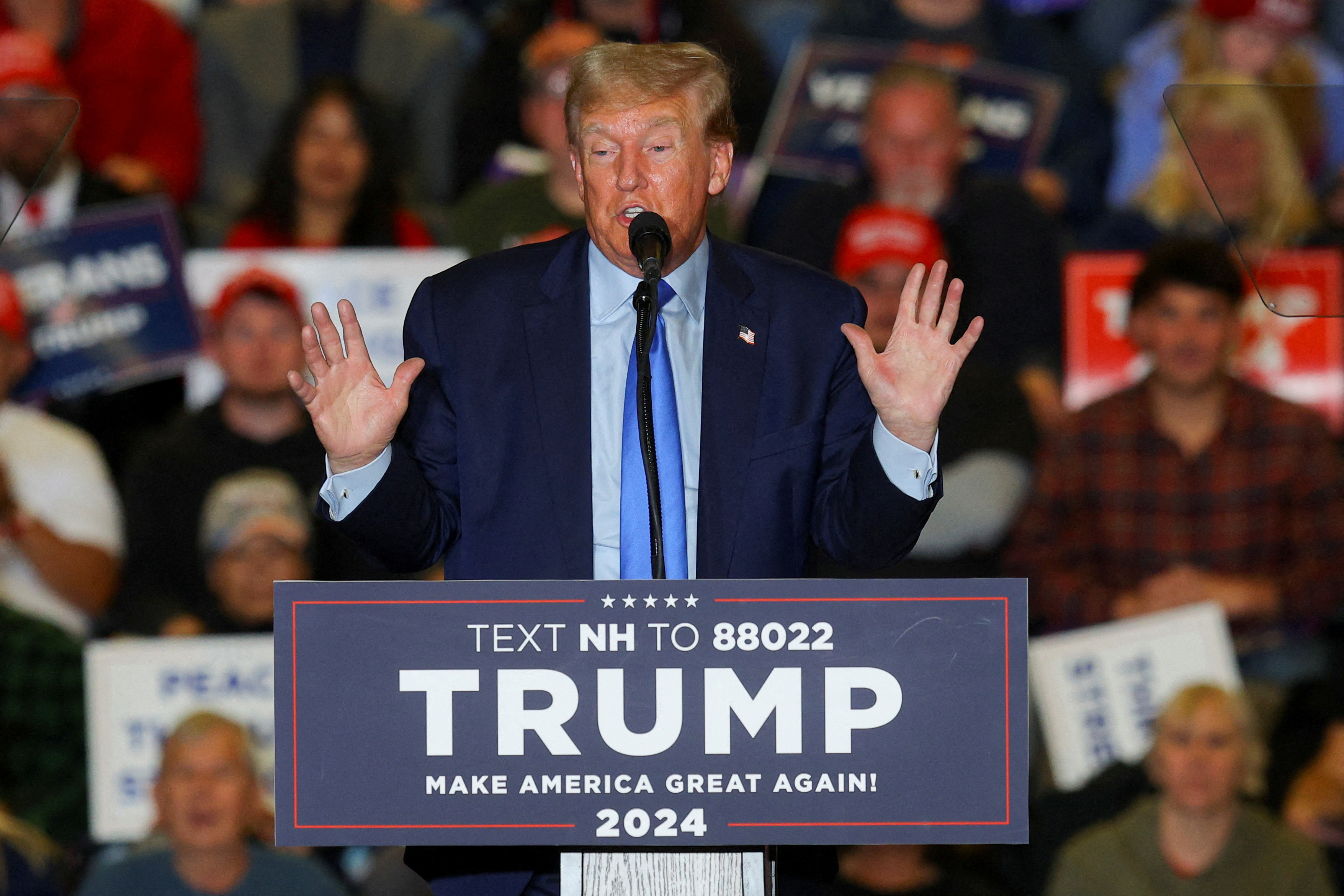 Republican presidential candidate and former U.S. President Donald Trump speaks during a campaign rally in Claremont, New Hampshire, U.S., November 11, 2023. 