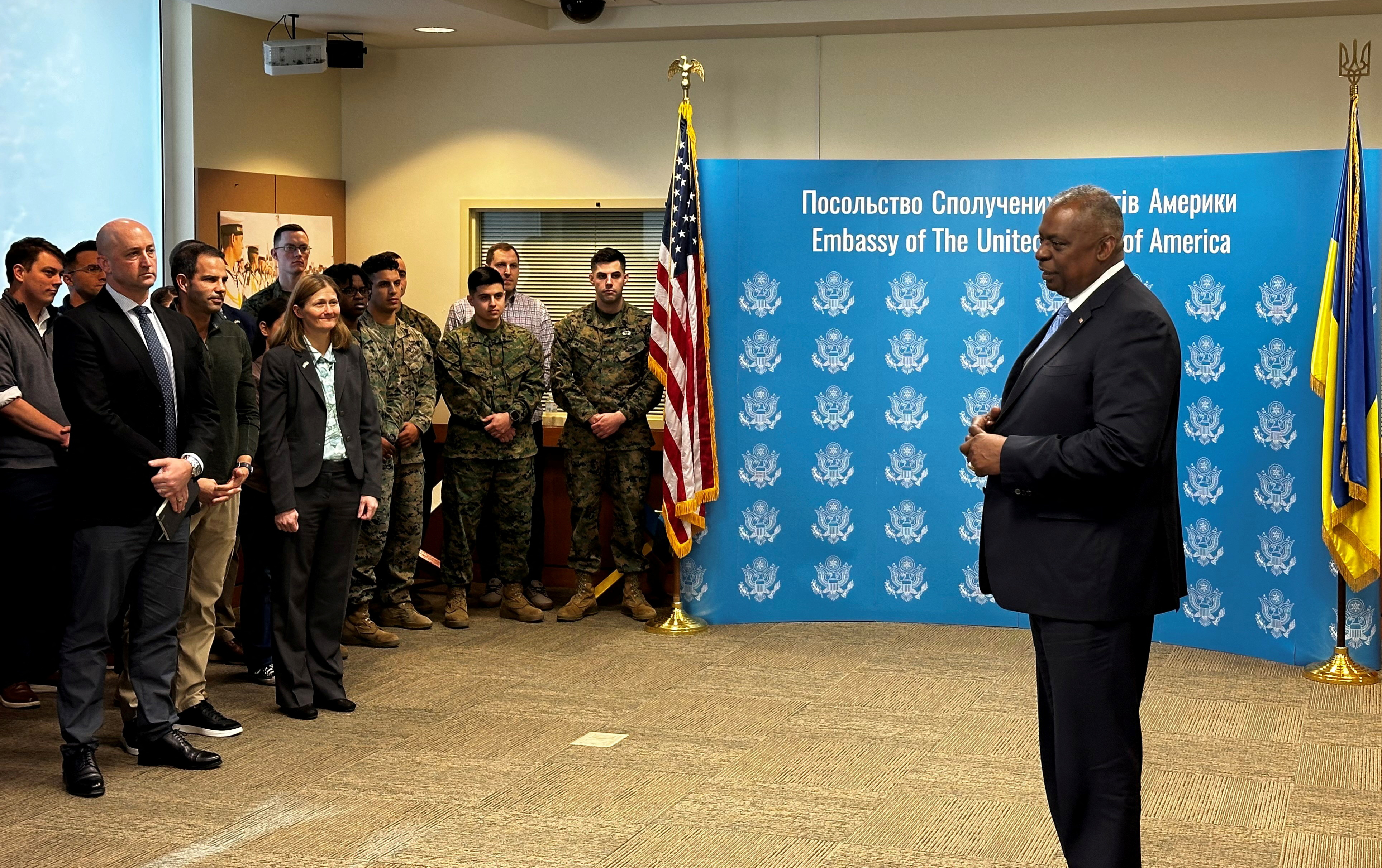 U.S. Defense Secretary Lloyd Austin speaks to employees of the U.S. Embassy in Kyiv during his visit to Ukraine, November 20, 2023. 