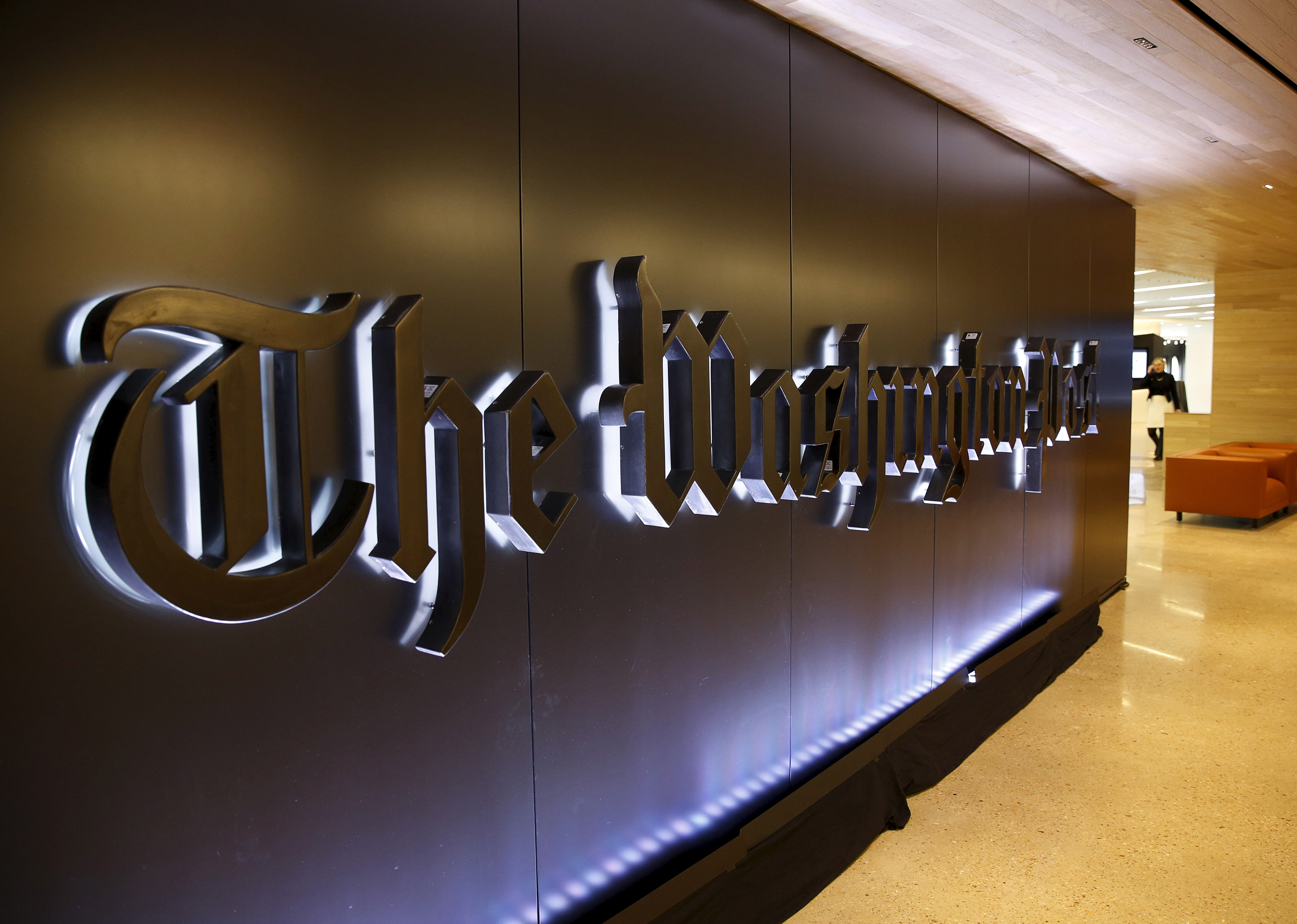 The newspaper's banner logo is seen during the grand opening of the Washington Post newsroom in Washington January 28, 2016. 