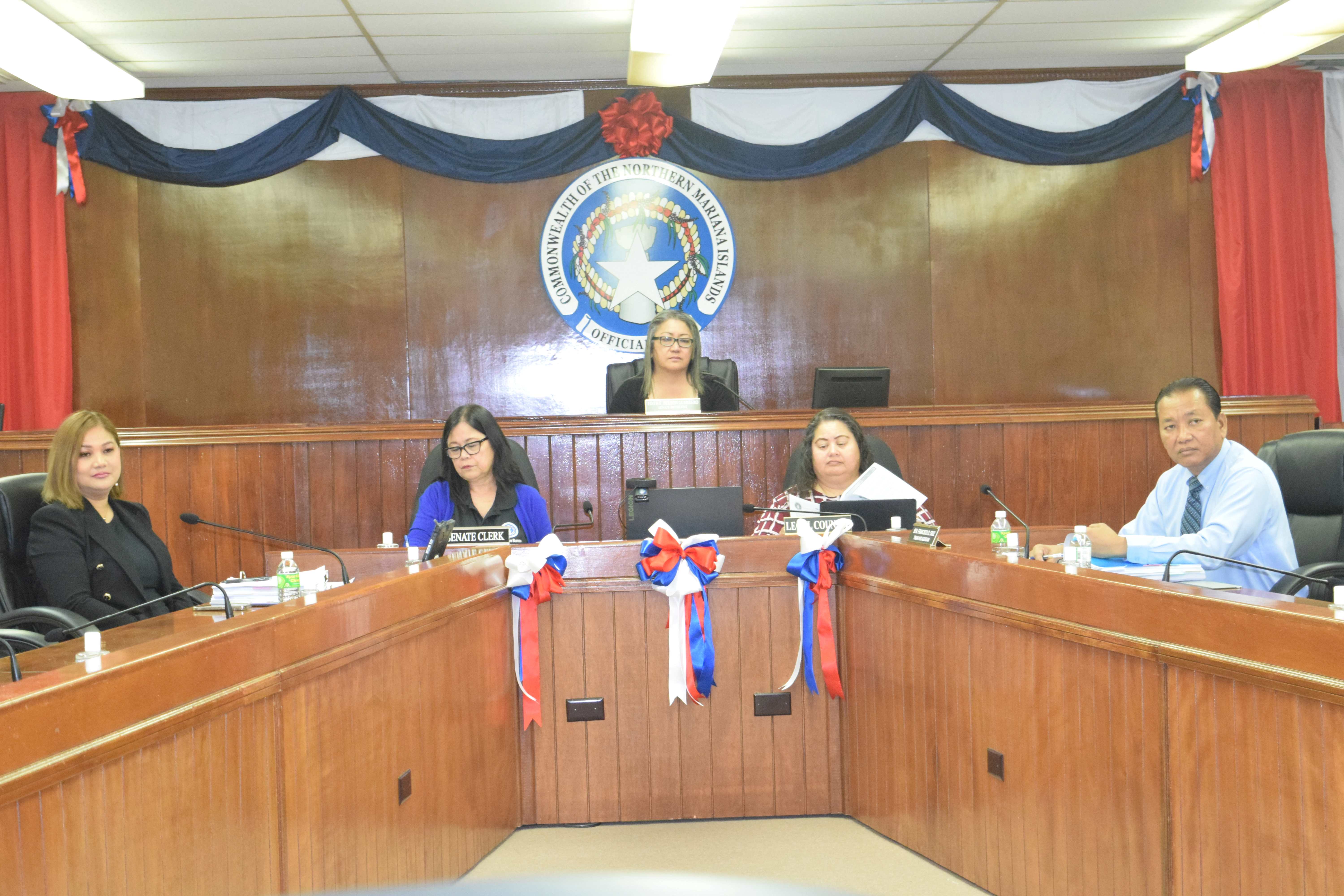 From left, Senate Floor Leader Corina Magofna, Senate clerk Doris Bermudes, Senate President Edith Deleon Guerrero, Senate legal counsel Antonette Villagomez and Sen. Frank Q. Cruz during a Senate hearing on Monday.