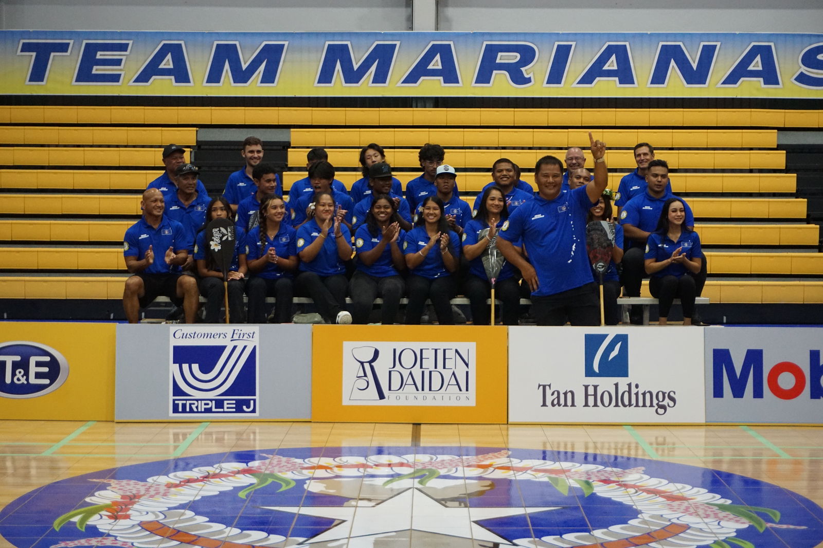 Team Marianas members cheer for Leo Wania, the NMI’s sole triathlon athlete in the upcoming 2023 Pacific Games in the Solomons, on Wednesday, during a sendoff ceremony at the Ada gym.