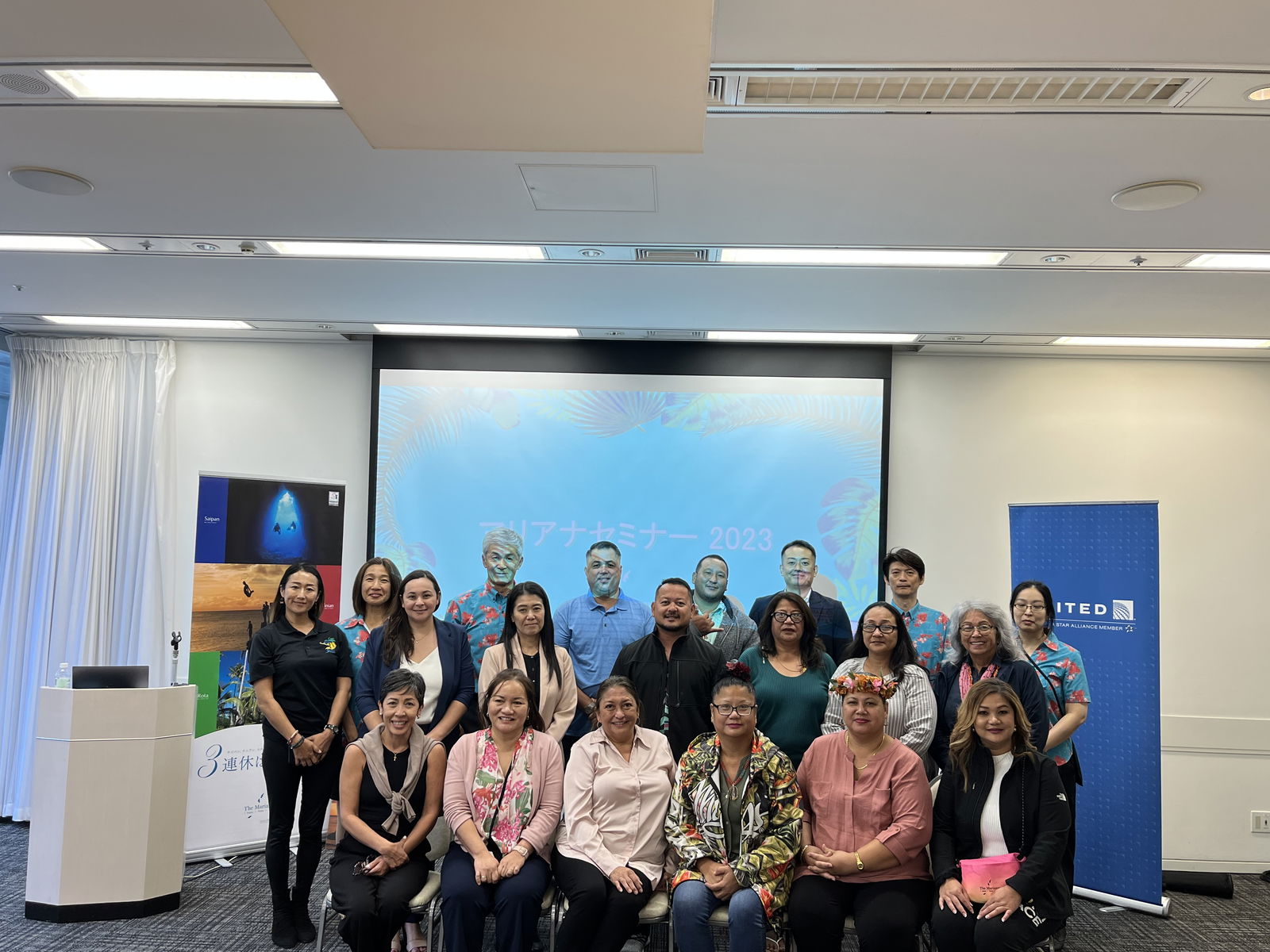The Marianas delegation, led by Marianas Visitors Authority Board Chairwoman Gloria Cavanagh, seated third left, promote the destination to travel agents, airlines, and media at the Marianas Seminar on Oct. 30, 2023, in Osaka, Japan.