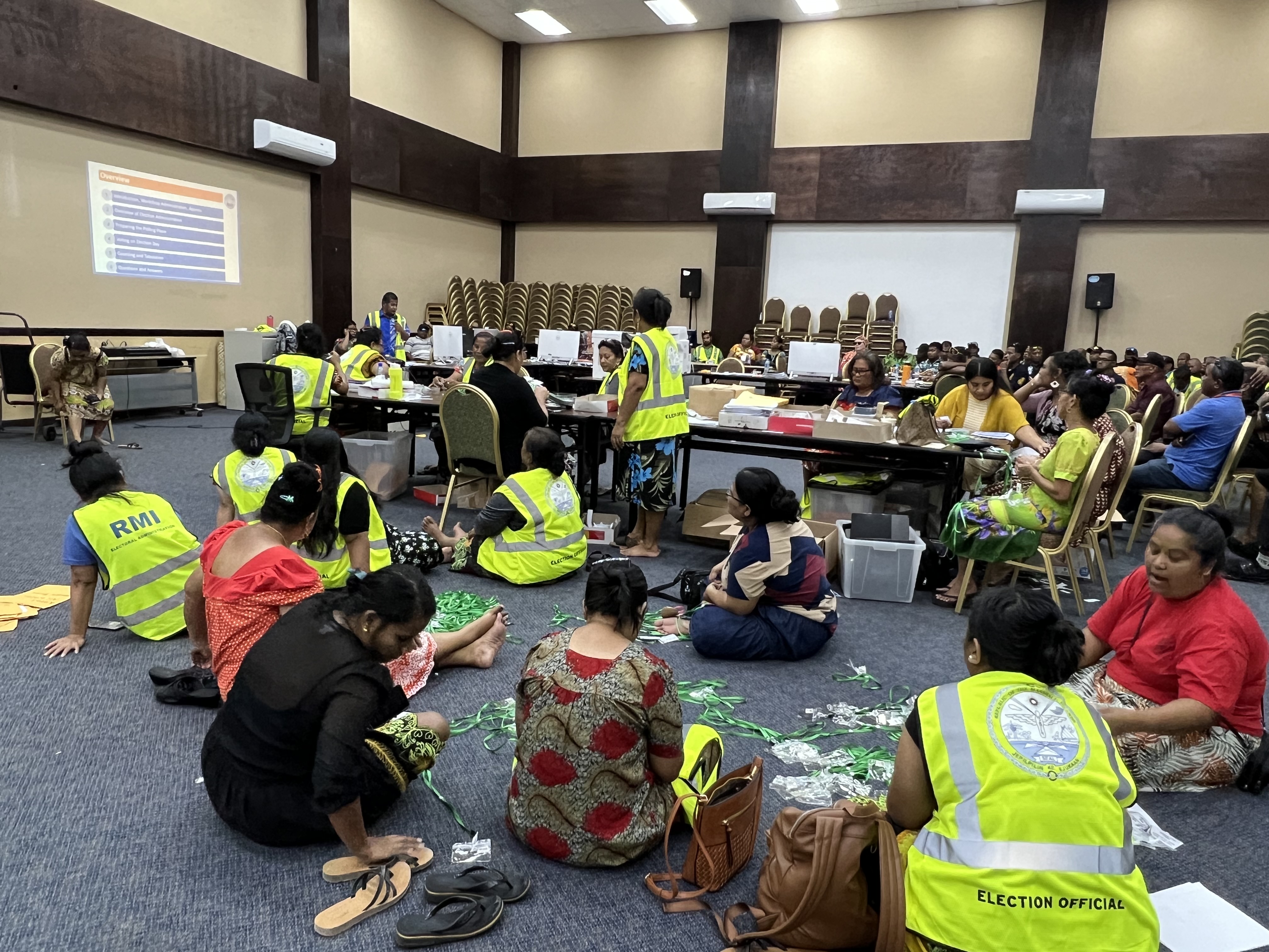 The Marshall Islands government's International Conference Center has been turned into election headquarters, with dozens of election staff preparing ballots, voter rolls, ID badges and other supplies for the November 20 national election.