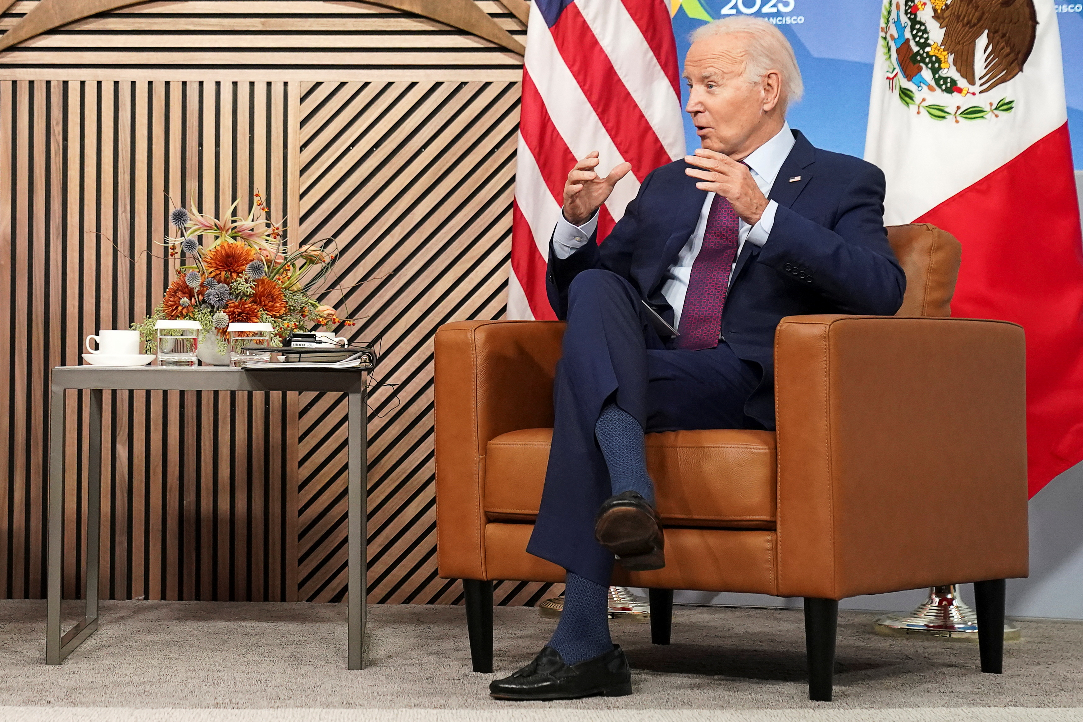 U.S. President Joe Biden speaks, during a meeting with Mexican President Andres Manuel Lopez Obrador (not pictured) on the sidelines of the Asia-Pacific Economic Cooperation (APEC) summit in San Francisco, California, U.S. November 17, 2023. 