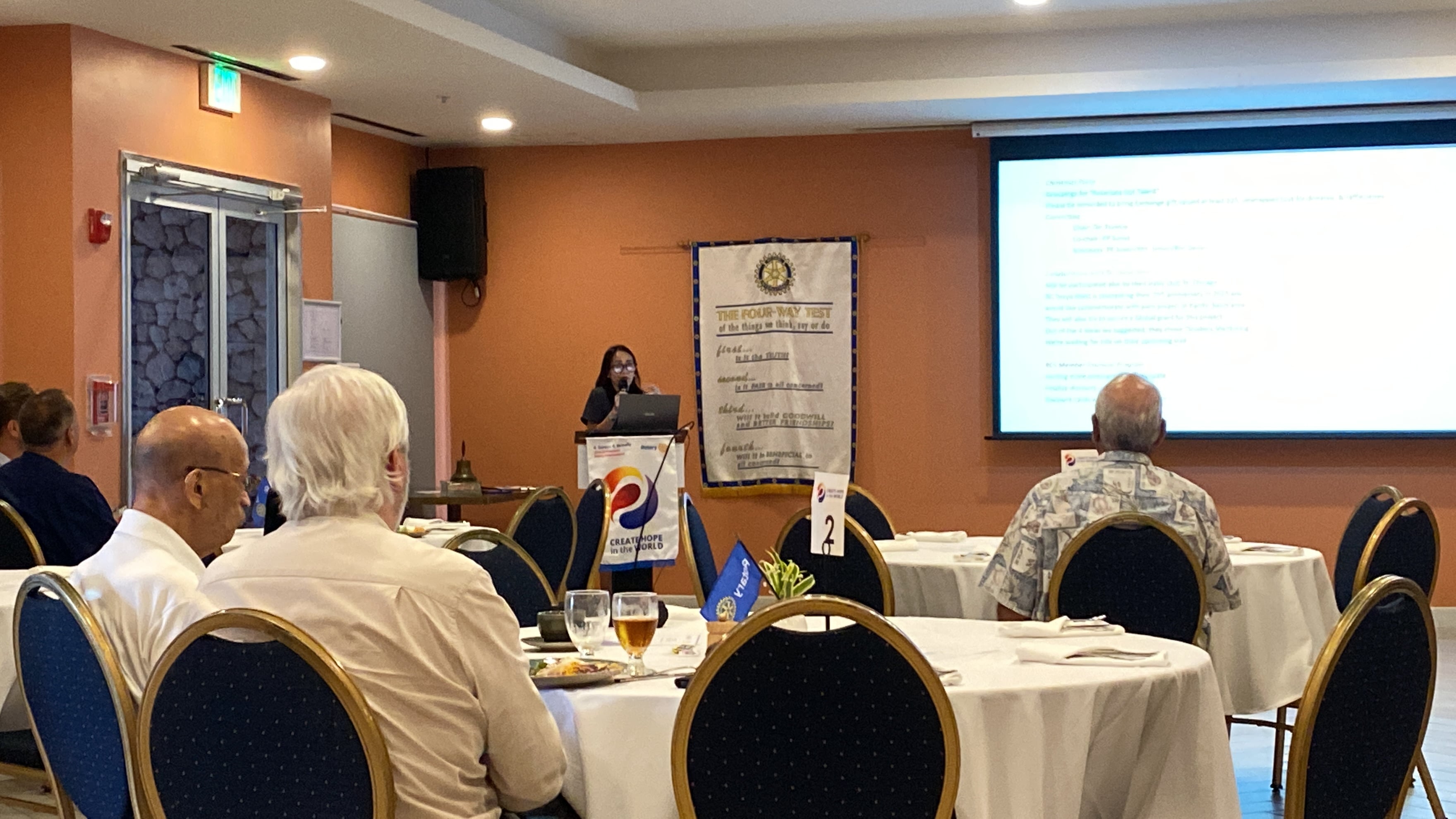 Club President Irene Holl speaks to fellow Rotarians during a meeting at Crowne Plaza Resort on Tuesday, Nov. 28, 2023.