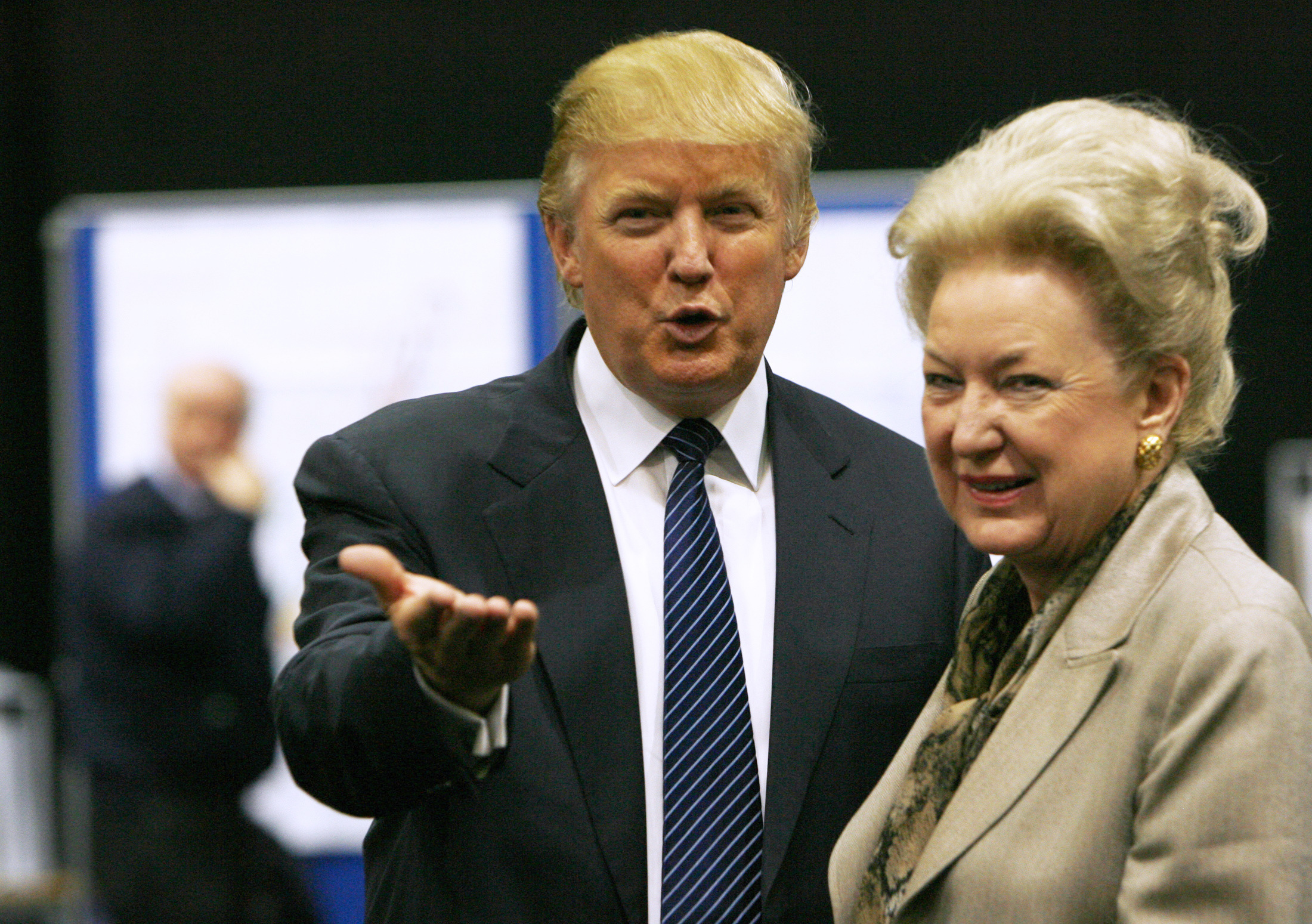 Donald Trump (L) gestures as he stands next to his sister Maryanne Trump Barry, during a break in proceedings of the Aberdeenshire Council inquiry into his plans for a golf resort, Aberdeen, northeast Scotland June 10, 2008. The inquiry is expected to last several weeks, local media reported. 