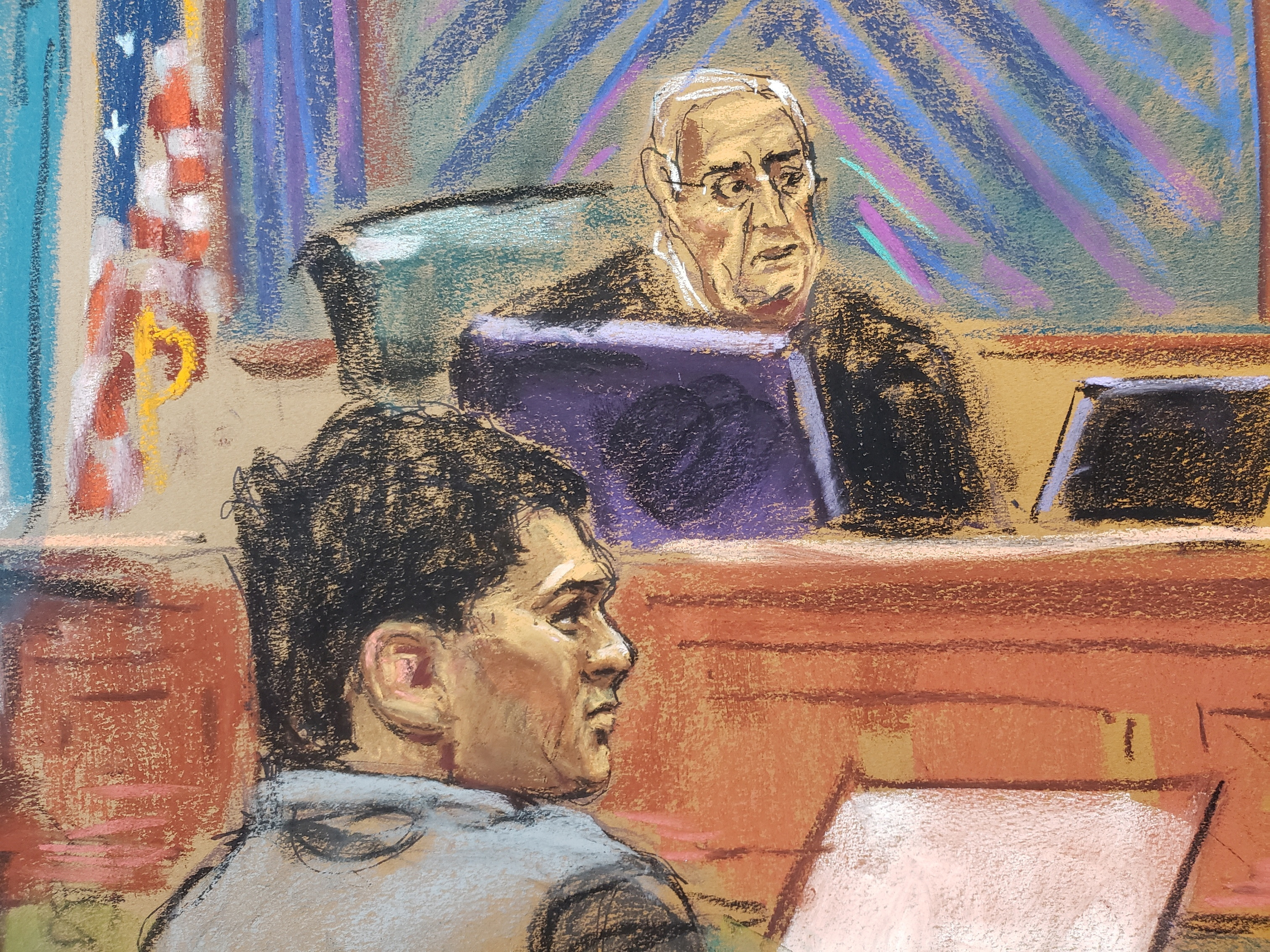 FTX founder Sam Bankman-Fried looks on during his fraud trial over the collapse of the bankrupt cryptocurrency exchange as U.S. District Judge Lewis Kaplan gives instructions to the jury and sends them out to deliberate, at federal court in New York City, U.S., November 2, 2023, in this courtroom sketch. 
