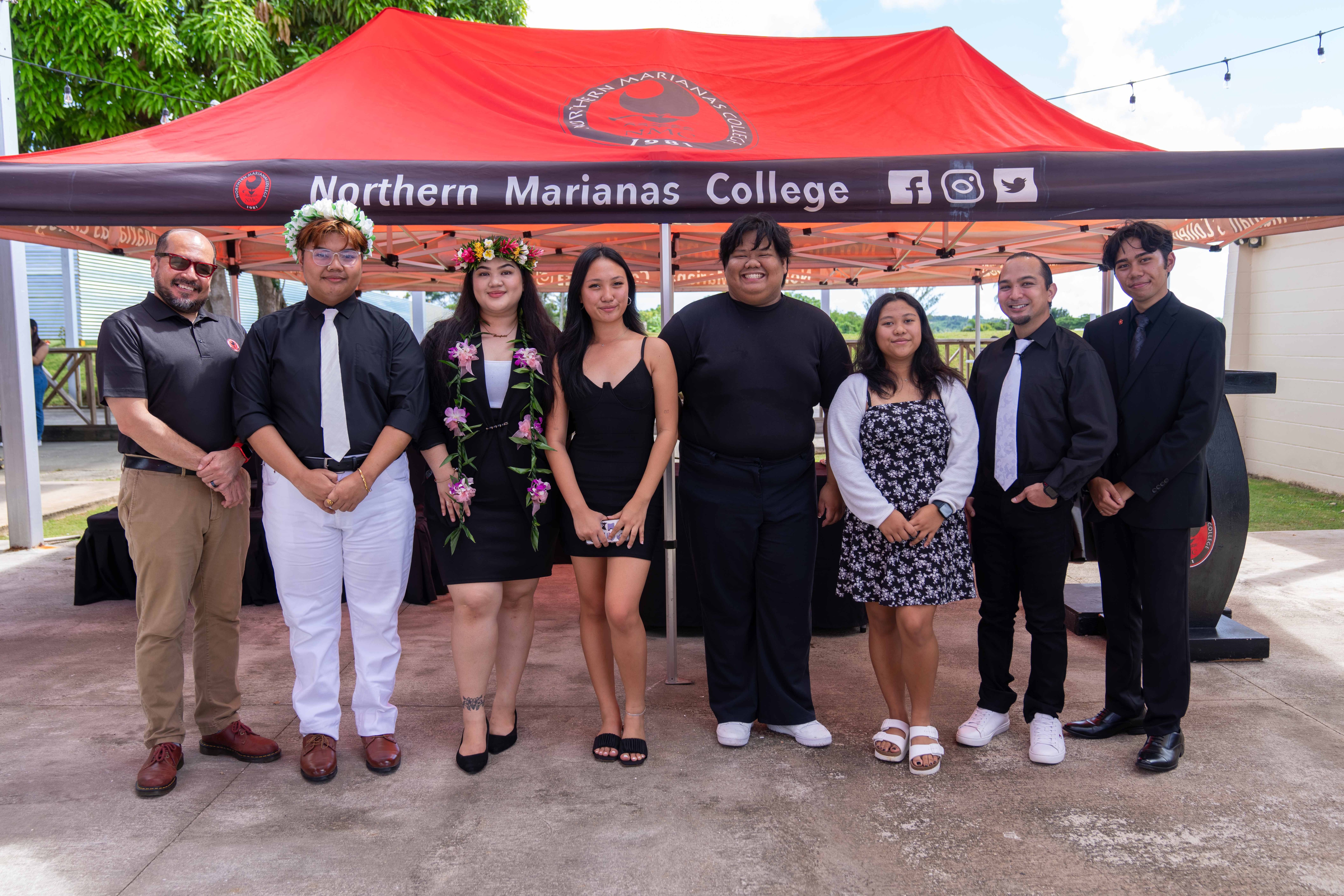 From left, Northern Marianas College President Galvin Deleon Guerrero, EdD, Bonnie Gio Sagana, Associated Students of NMC president; Mary-Jo Camacho, ASNMC vice president; Jinkim Abogado, ASNMC secretary; Rownel “Jody” Coloma, ASNMC treasurer; and Claire Barozzo, Ariel Villagomez, and Henry San Nicolas, ASNMC senators