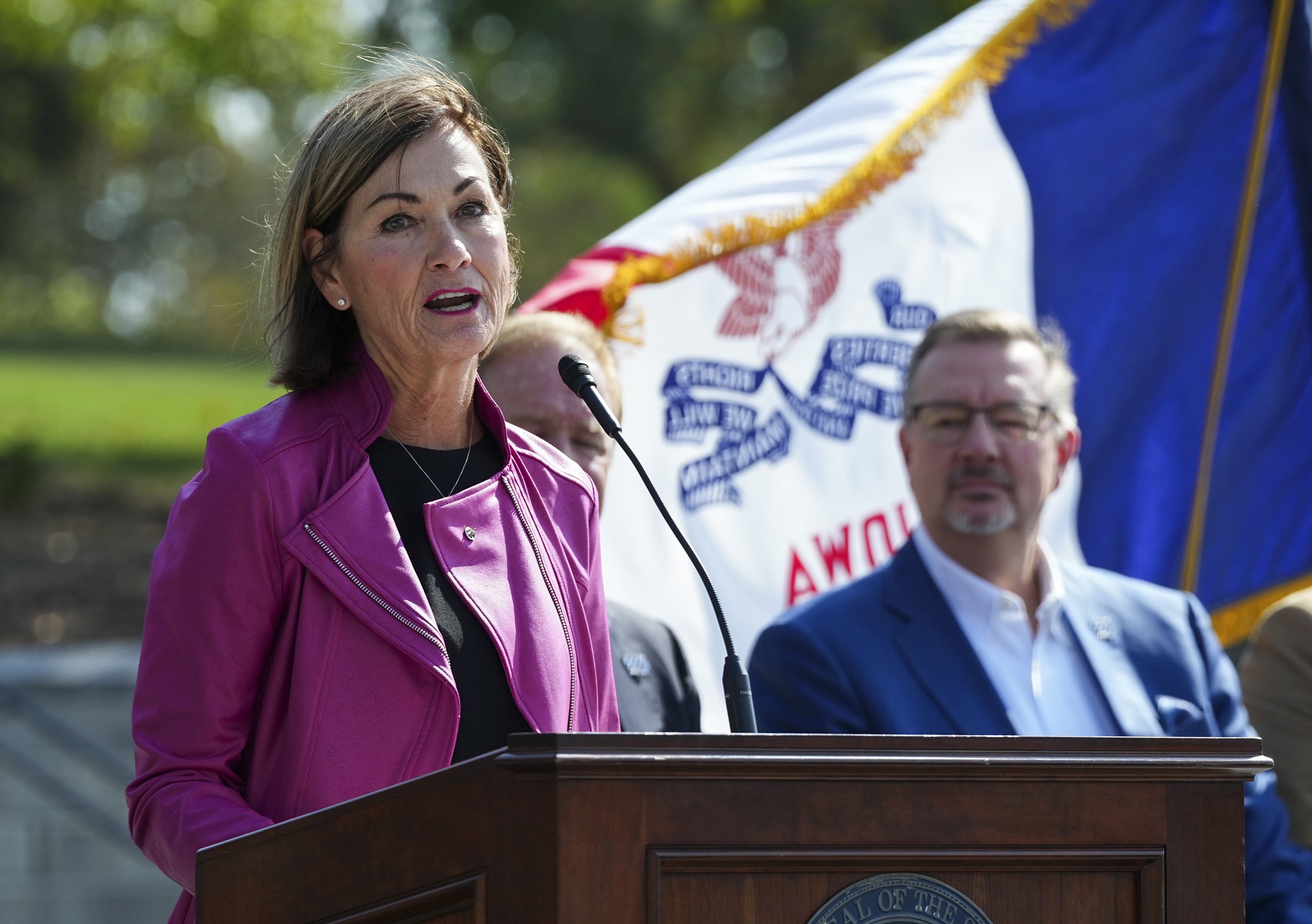Iowa Gov. Kim Reynolds speaks at a NASCAR press conference at the Iowa State Capitol on Oct. 3, 2023, in Des Moines, Iowa. (Jay Biggerstaff/Getty Images/TNS)
