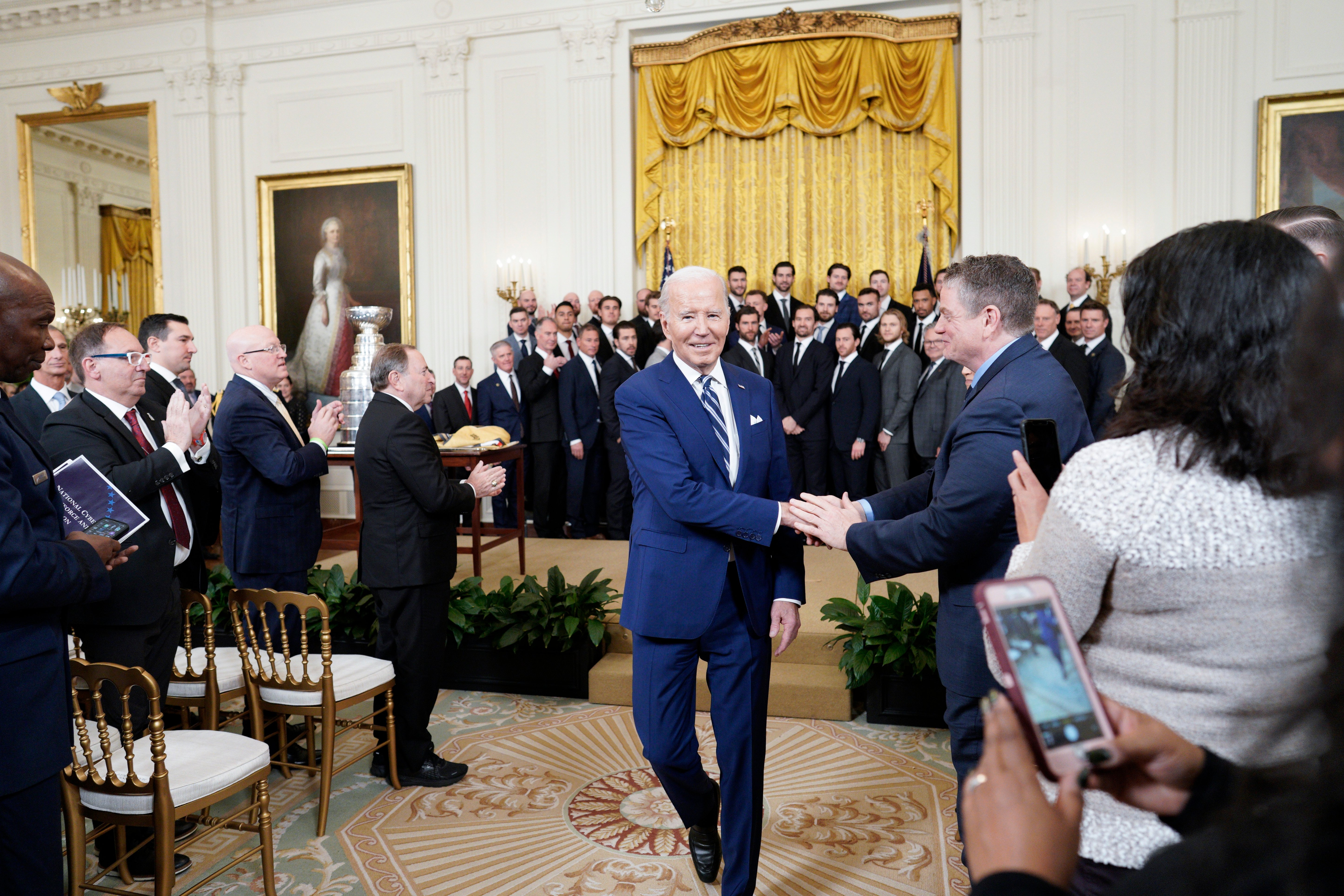 US President Joe Biden departs after greeting the Vegas Golden Knights to celebrate their 2023 Stanley Cup victory at the White House in Washington on November 13, 2023. Photo by Yuri Gripas/ABACAPRESS.COM