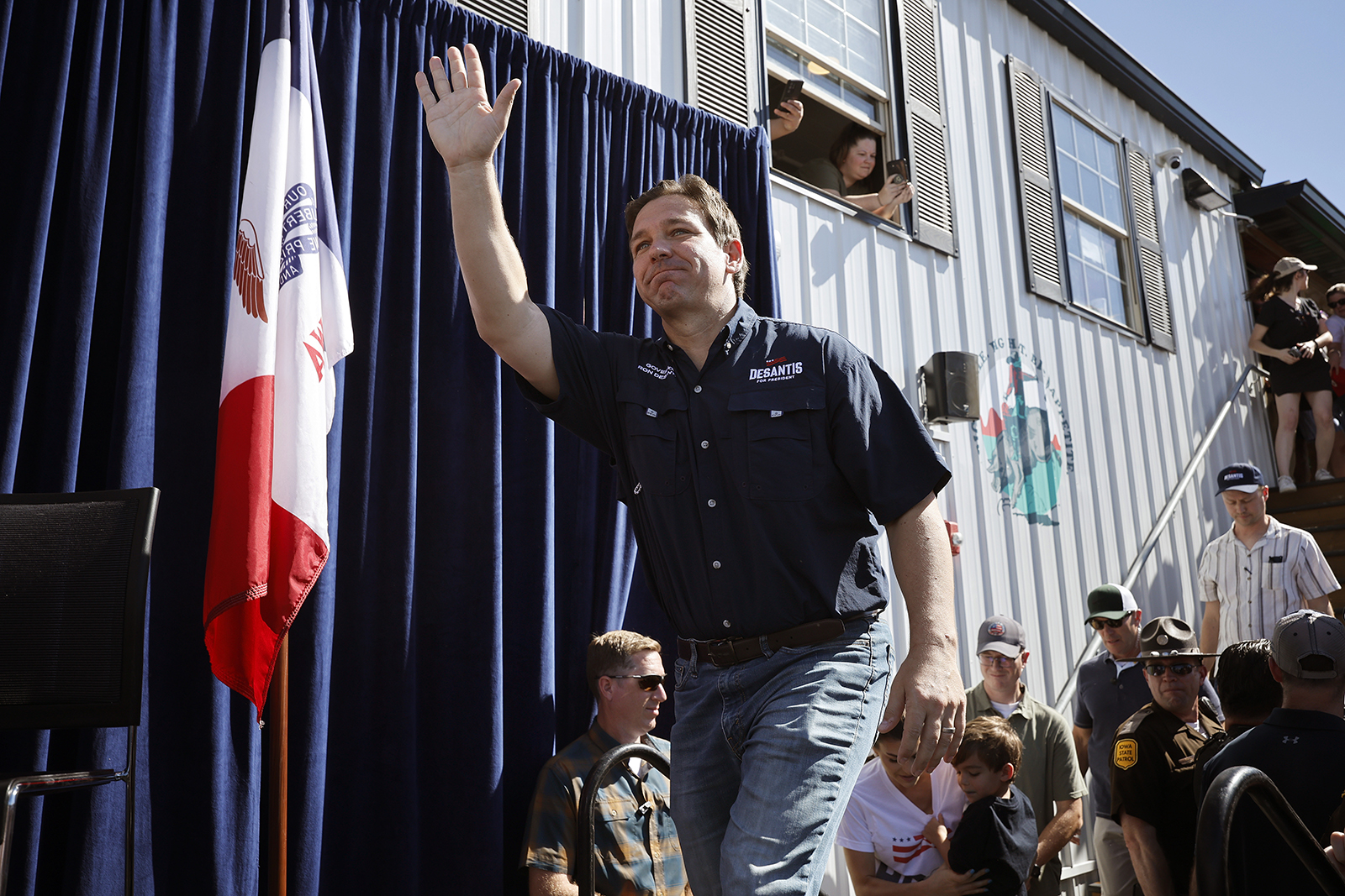 Florida Gov. Ron DeSantis takes the stage during one of Iowa Gov. Kim Reynolds' "Fair-Side Chats" at the Iowa State Fair on Aug. 12, 2023, in Des Moines, Iowa. (Chip Somodevilla/Getty Images/TNS)