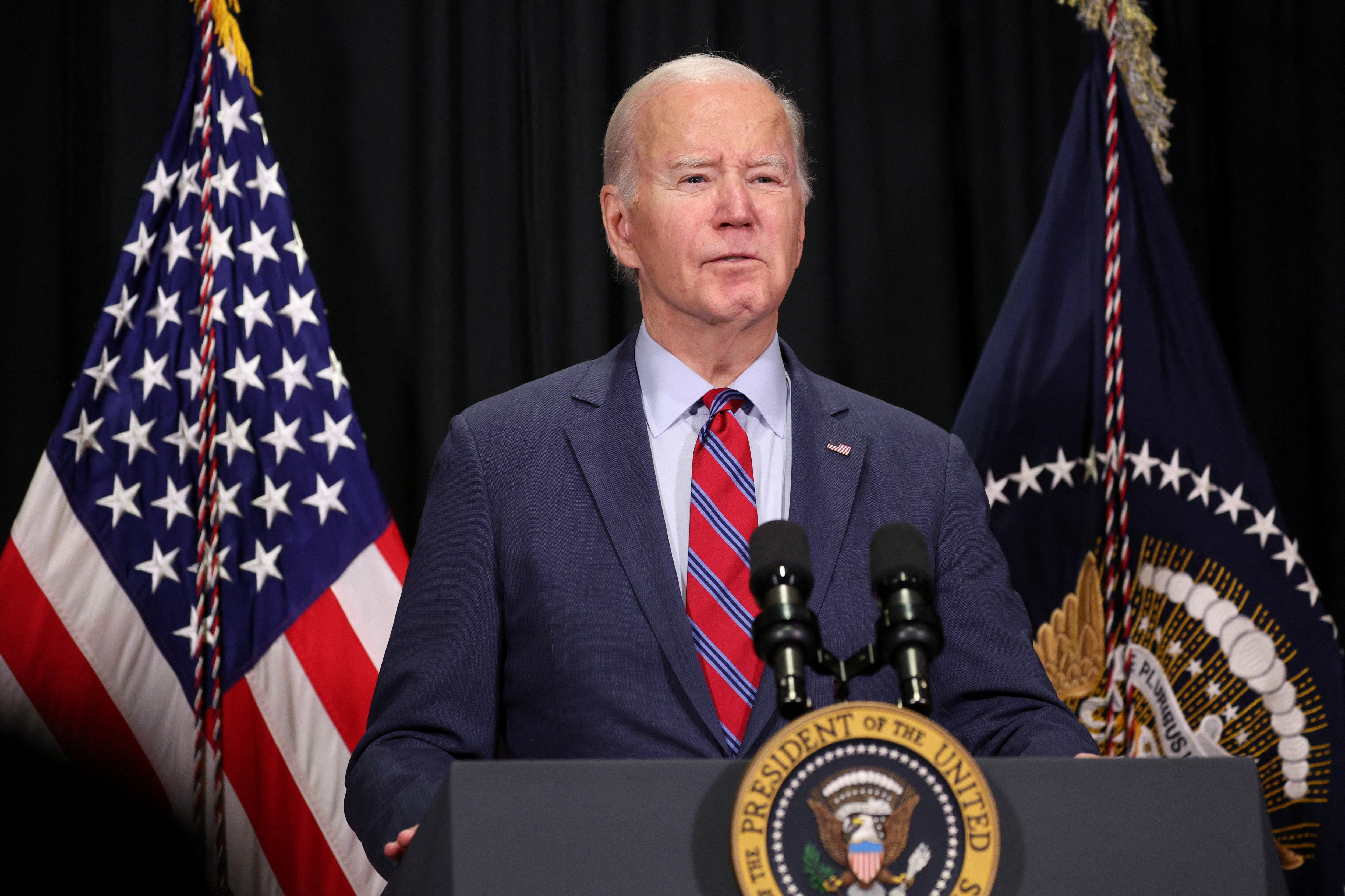 U.S. President Joe Biden delivers remarks following a hostages-prisoners swap deal between Hamas and Israel, during a press conference in Nantucket, Massachusetts, U.S., November 24, 2023. 