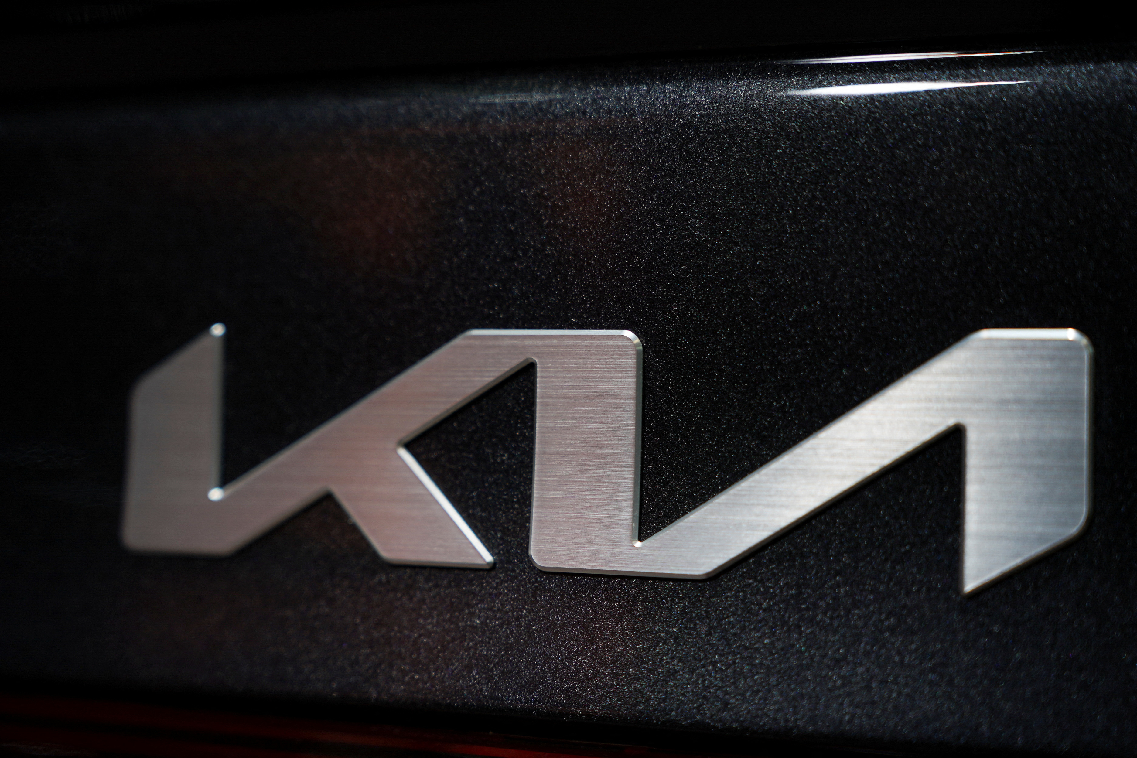 A KIA logo is seen during the New York International Auto Show, in Manhattan, New York City, U.S., April 5, 2023. 