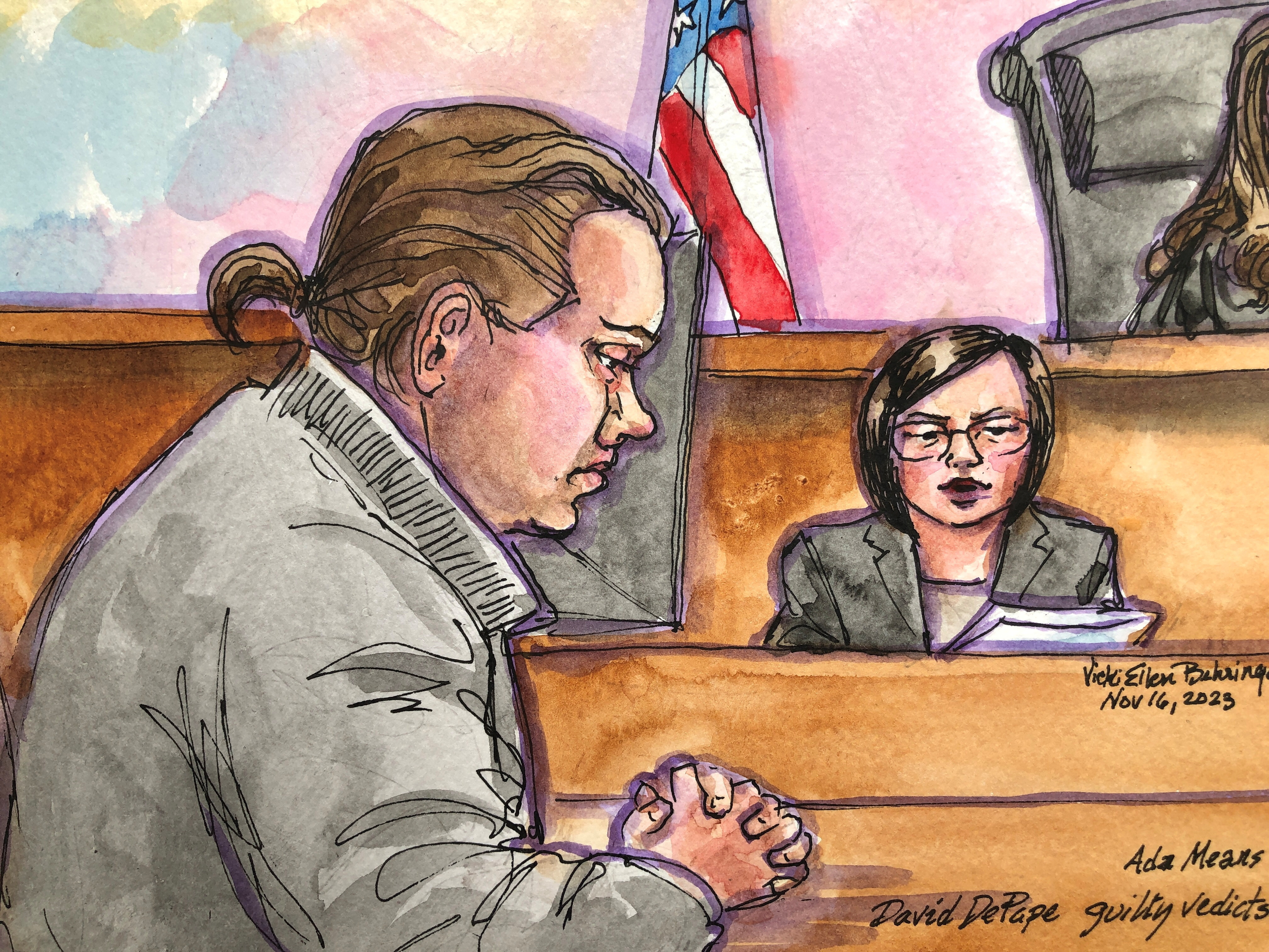 Courtroom deputy Ada Means reads the guilty verdict to convict David Wayne DePape of a hammer attack on Paul Pelosi, the husband of former U.S. House Speaker Nancy Pelosi, in a federal court in San Francisco, California, U.S., November 16, 2023, in this courtroom sketch. 