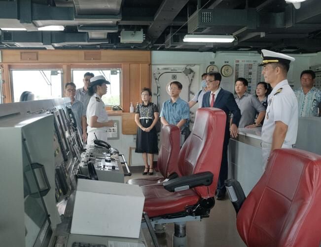 Dignitaries tour the ROKS Dokdo bridge at Victor Wharf on U.S. Naval Base Guam on Sunday, Nov. 12, 2023.  