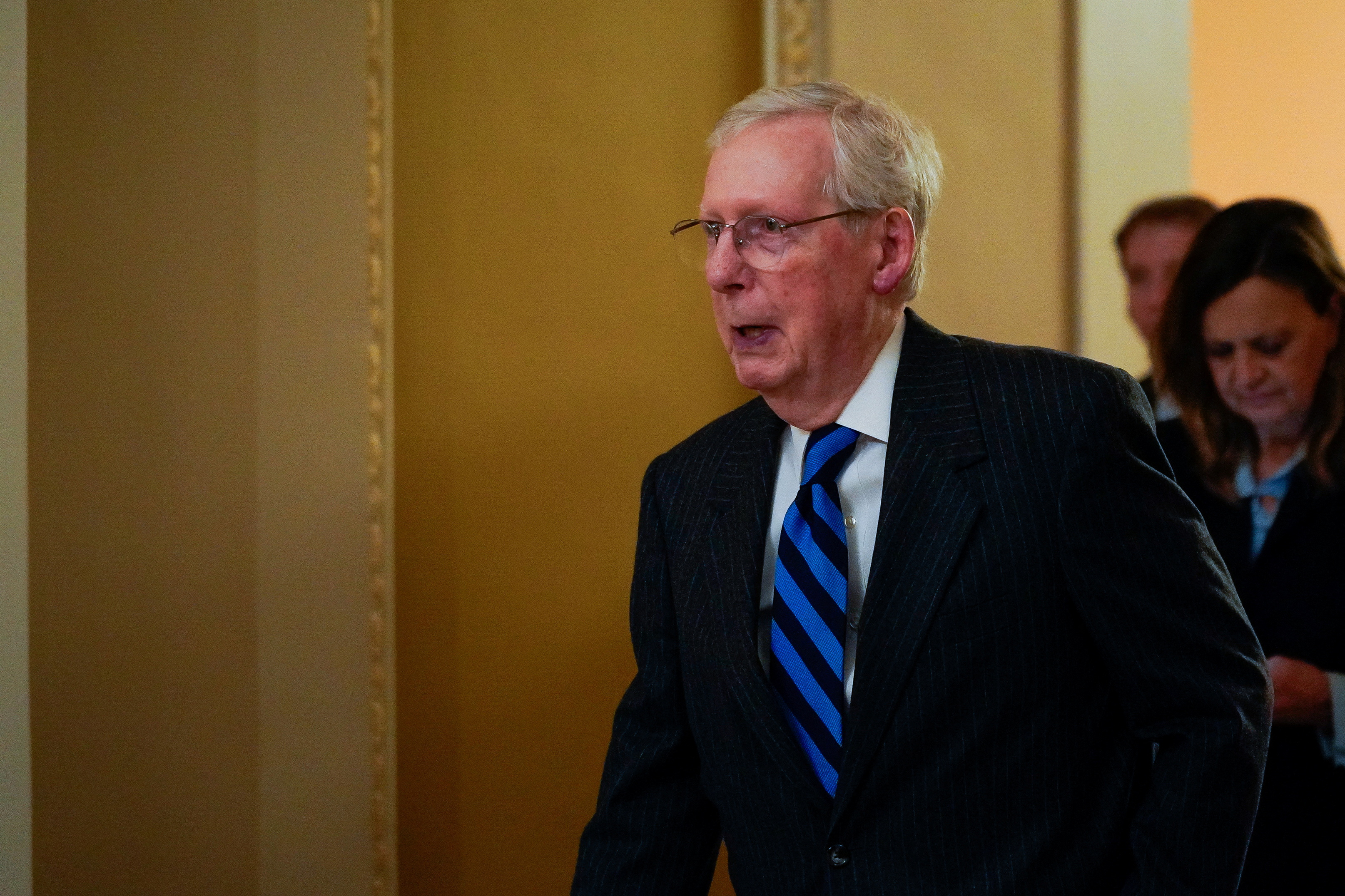 U.S. Senate Minority Leader Mitch McConnell (R-KY) walks to the Senate floor to vote on a continuing resolution to avoid a shutdown of the federal government, in Washington, U.S., November 15, 2023. 