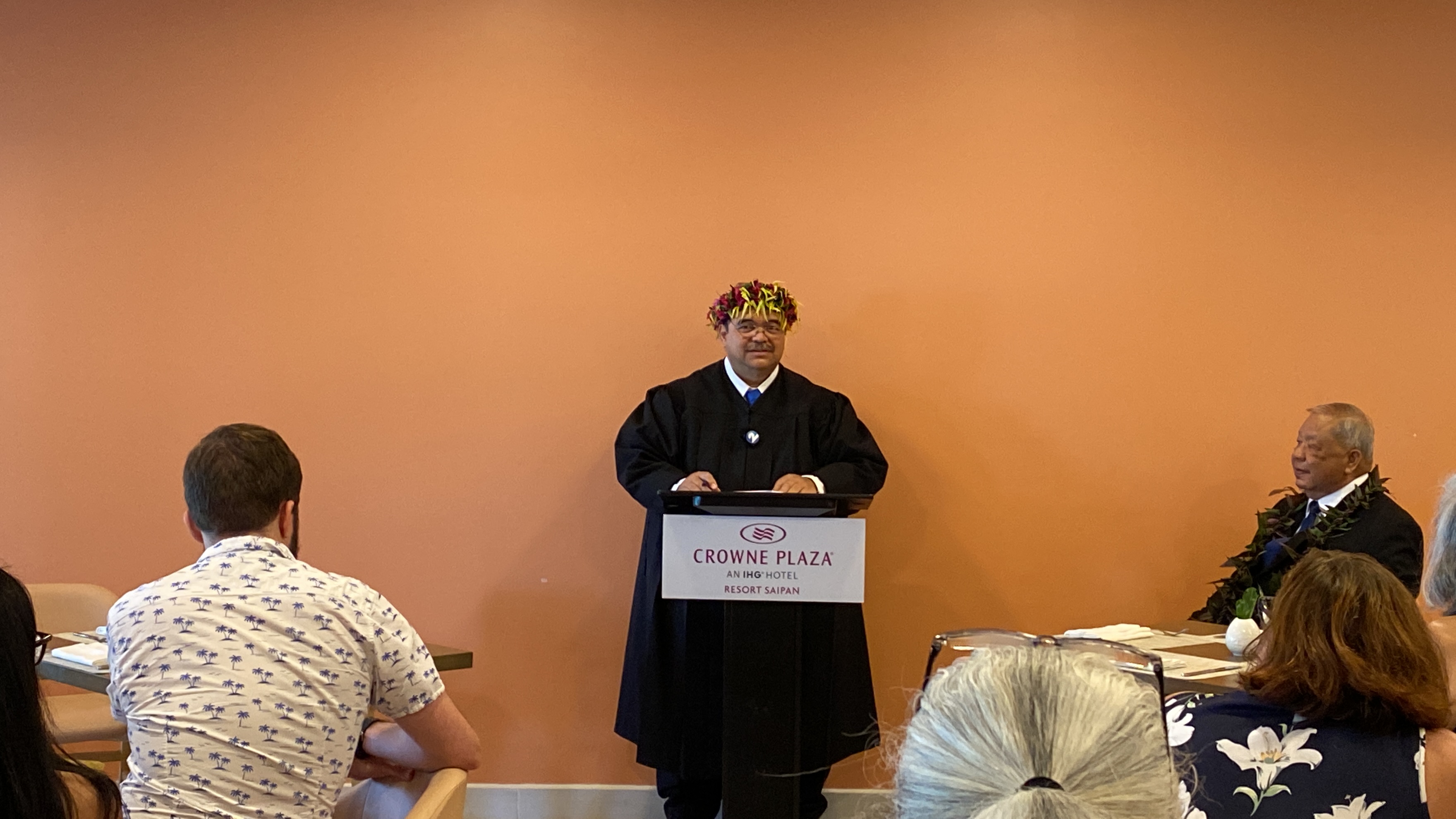 Judge Joseph Camacho delivers his remarks during his swearing in and investiture ceremony, Friday, at Crowne Plaza Resort.